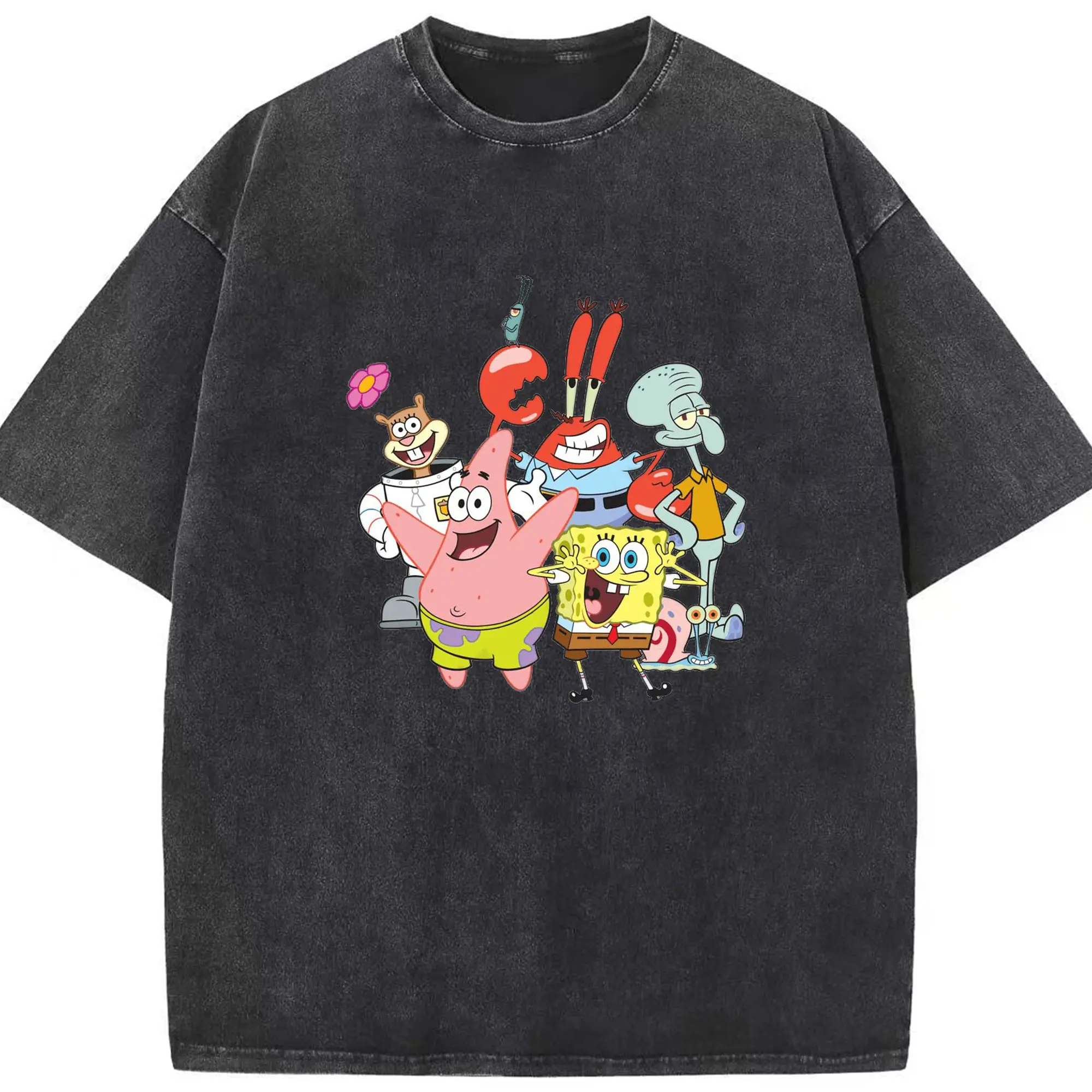 SpongeBob & Friends Trendy DIY - Washed Vintage Look 230g Cotton Oversized T-Shirt With Front Heat Transfer Print – Soft, Lightweight, Stylish Fit – Comfortable Casual Wear For Sports & Everyday Use