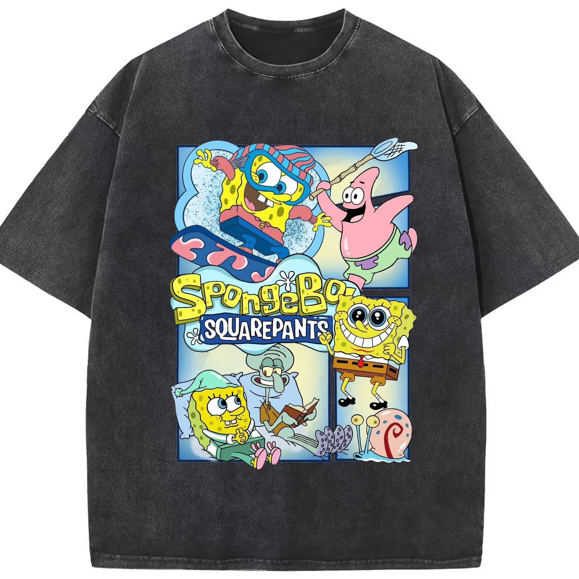 SpongeBob Fun Moments Trendy DIY - Washed Vintage Look 230g Cotton Oversized T-Shirt With Front Heat Transfer Print – Soft, Lightweight, Stylish Fit – Comfortable Casual Wear For Sports & Everyday Use