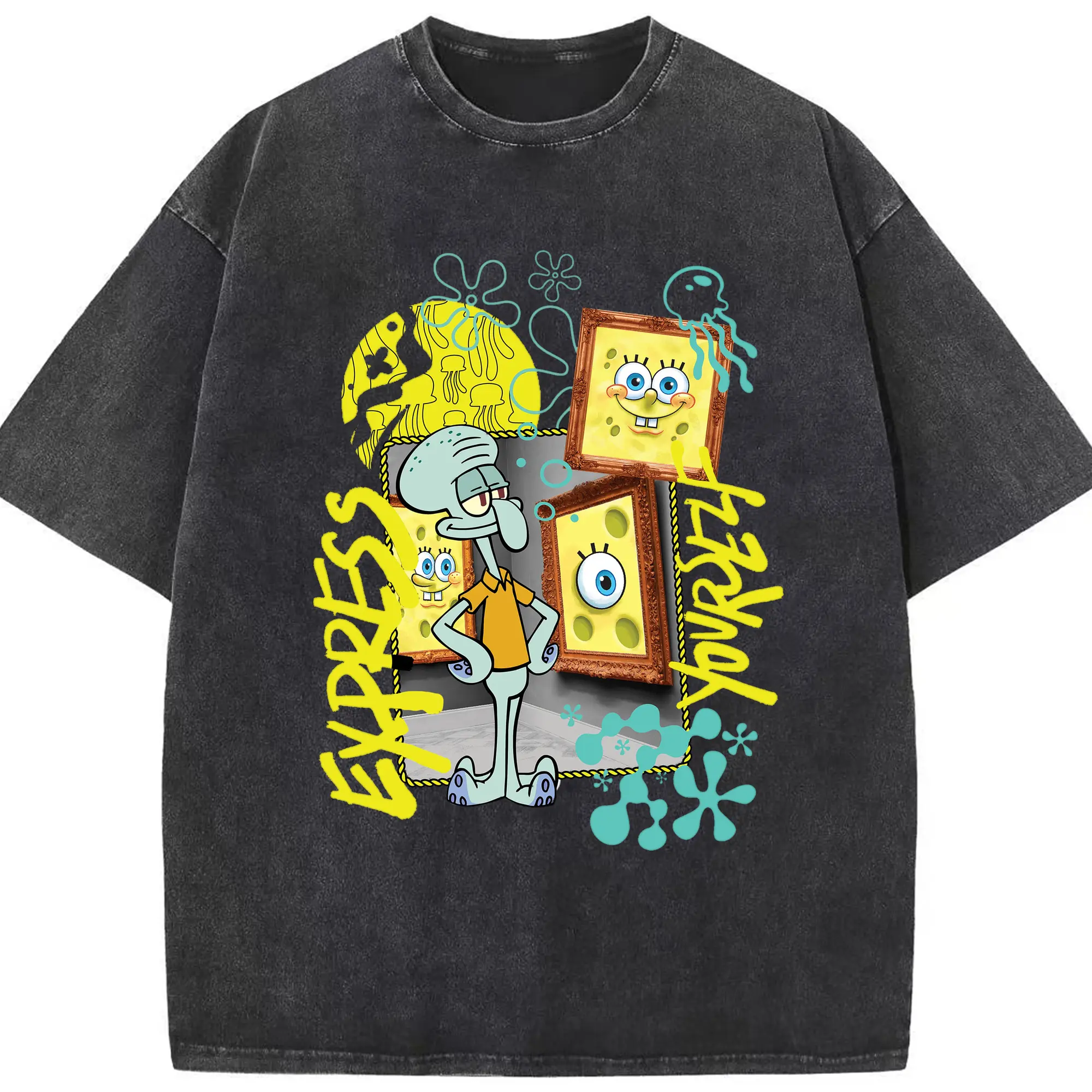 SpongeBob & Squidward Express Yourself DIY - Washed Vintage Look 230g Cotton Oversized T-Shirt With Front Heat Transfer Print – Soft, Lightweight, Stylish Fit – Comfortable Casual Wear For Sports & Everyday Use