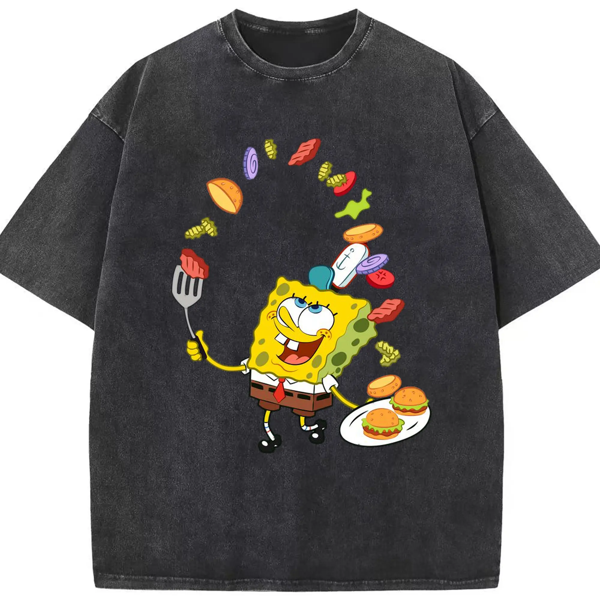 SpongeBob Cooking Krusty Krab Burgers DIY - Washed Vintage Look 230g Cotton Oversized T-Shirt With Front Heat Transfer Print – Soft, Lightweight, Stylish Fit – Comfortable Casual Wear For Sports & Everyday Use
