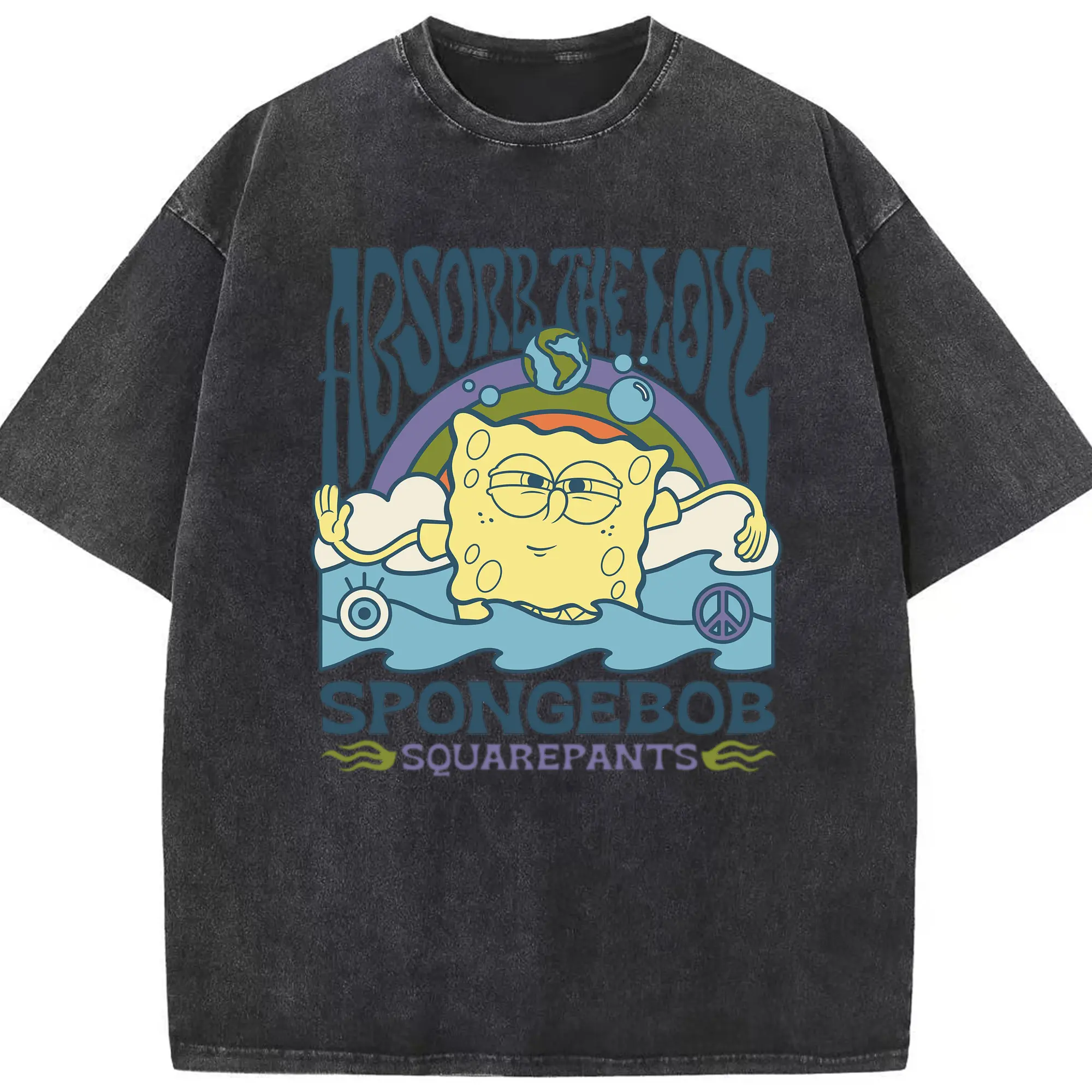 SpongeBob Absorb The Love Trendy DIY - Washed Vintage Look 230g Cotton Oversized T-Shirt With Front Heat Transfer Print – Soft, Lightweight, Stylish Fit – Comfortable Casual Wear For Sports & Everyday Use