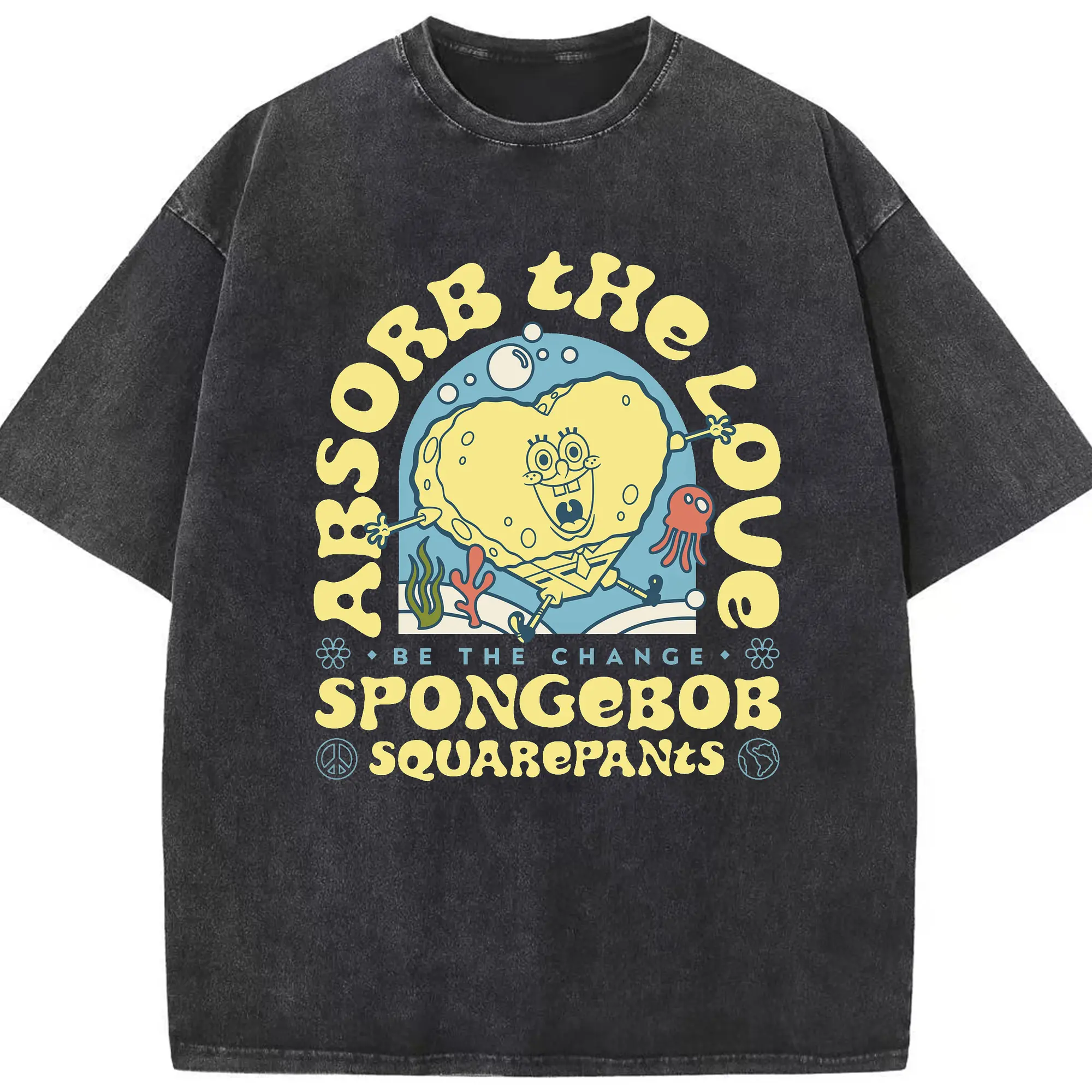 Retro SpongeBob Absorb The Love & Be The Change DIY - Washed Vintage Look 230g Cotton Oversized T-Shirt With Front Heat Transfer Print – Soft, Lightweight, Stylish Fit – Comfortable Casual Wear For Sports & Everyday Use