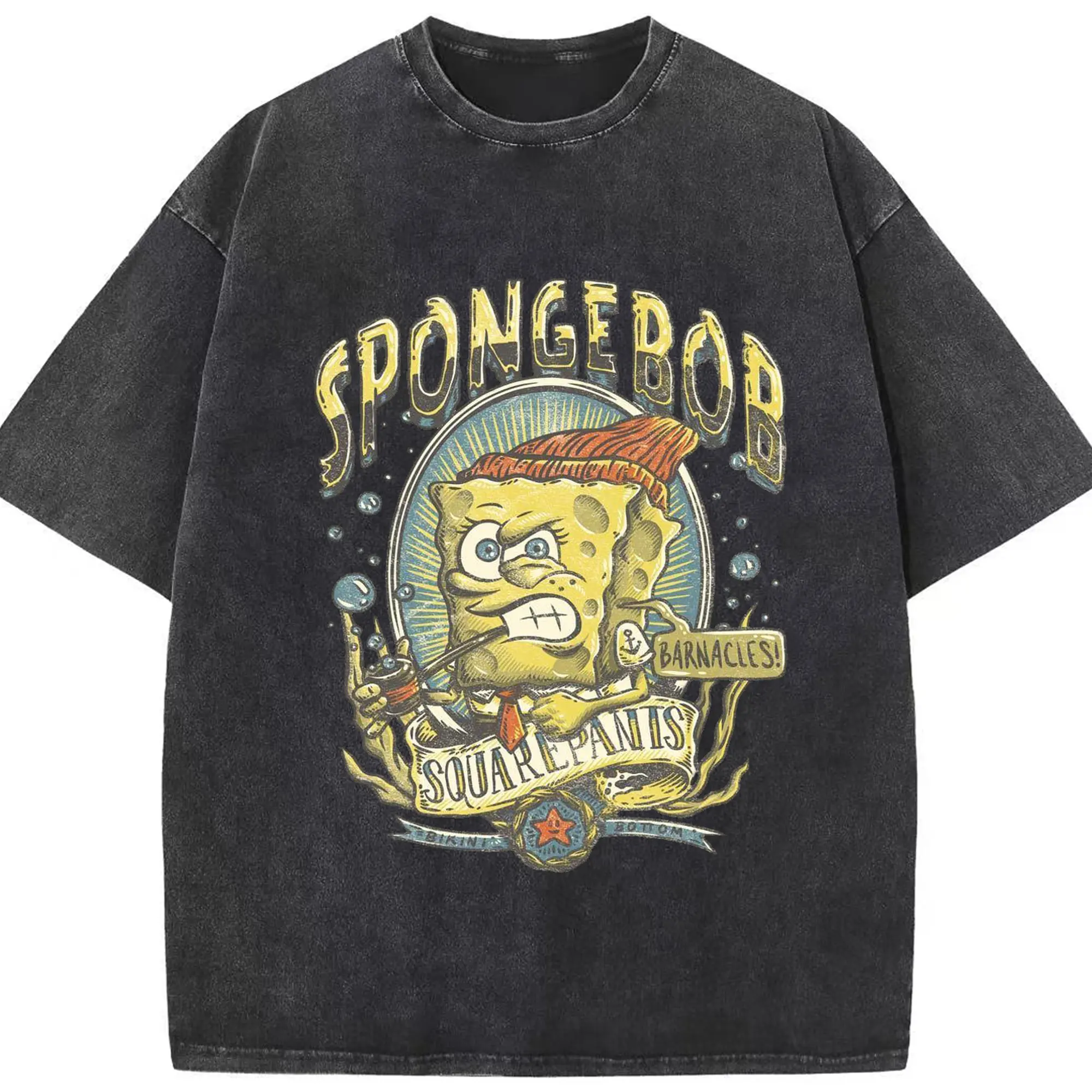 Retro Funny SpongeBob Barnacles! DIY - Washed Vintage Look 230g Cotton Oversized T-Shirt With Front Heat Transfer Print – Soft, Lightweight, Stylish Fit – Comfortable Casual Wear For Sports & Everyday Use