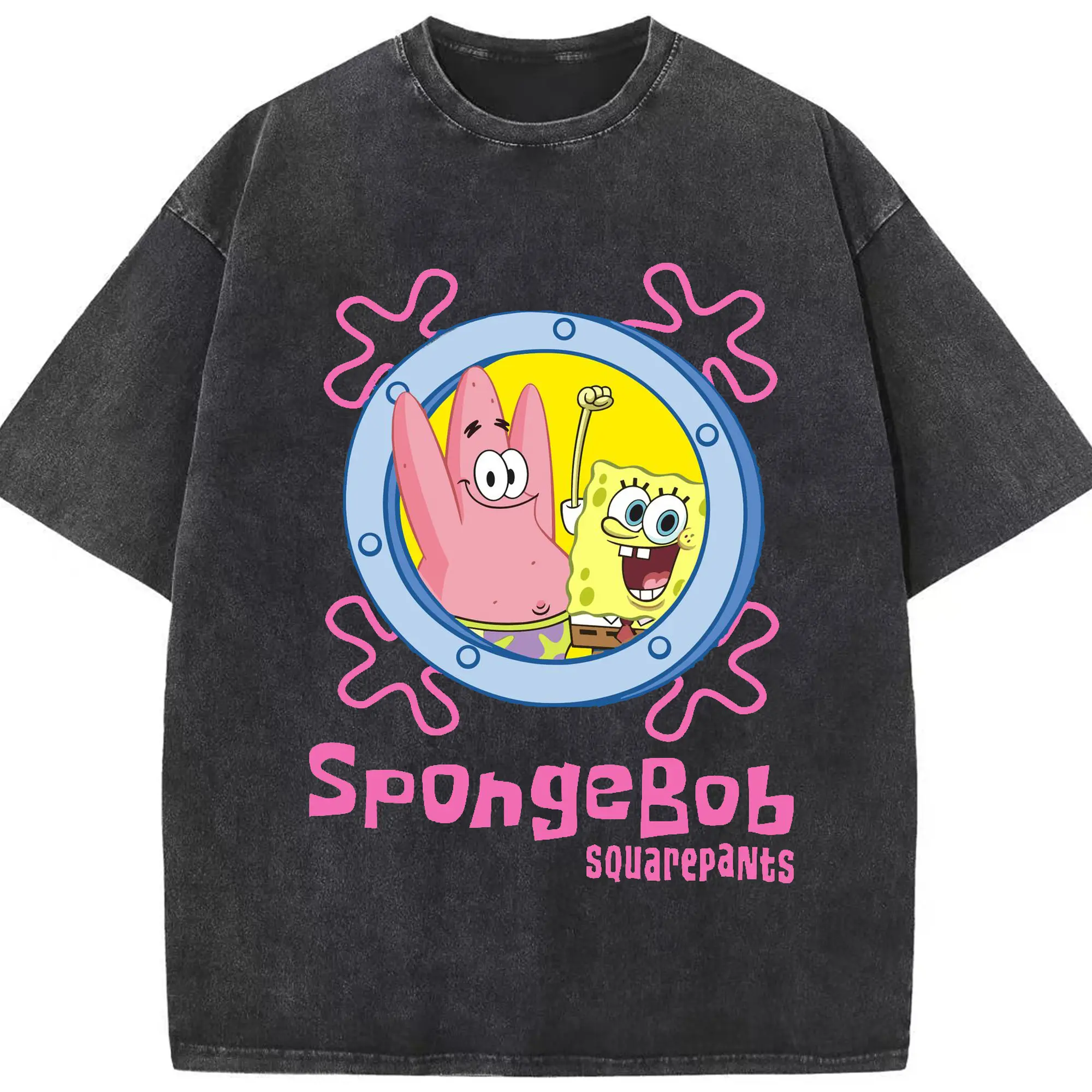 SpongeBob and Patrick Friendship DIY - Washed Vintage Look 230g Cotton Oversized T-Shirt With Front Heat Transfer Print – Soft, Lightweight, Stylish Fit – Comfortable Casual Wear For Sports & Everyday Use