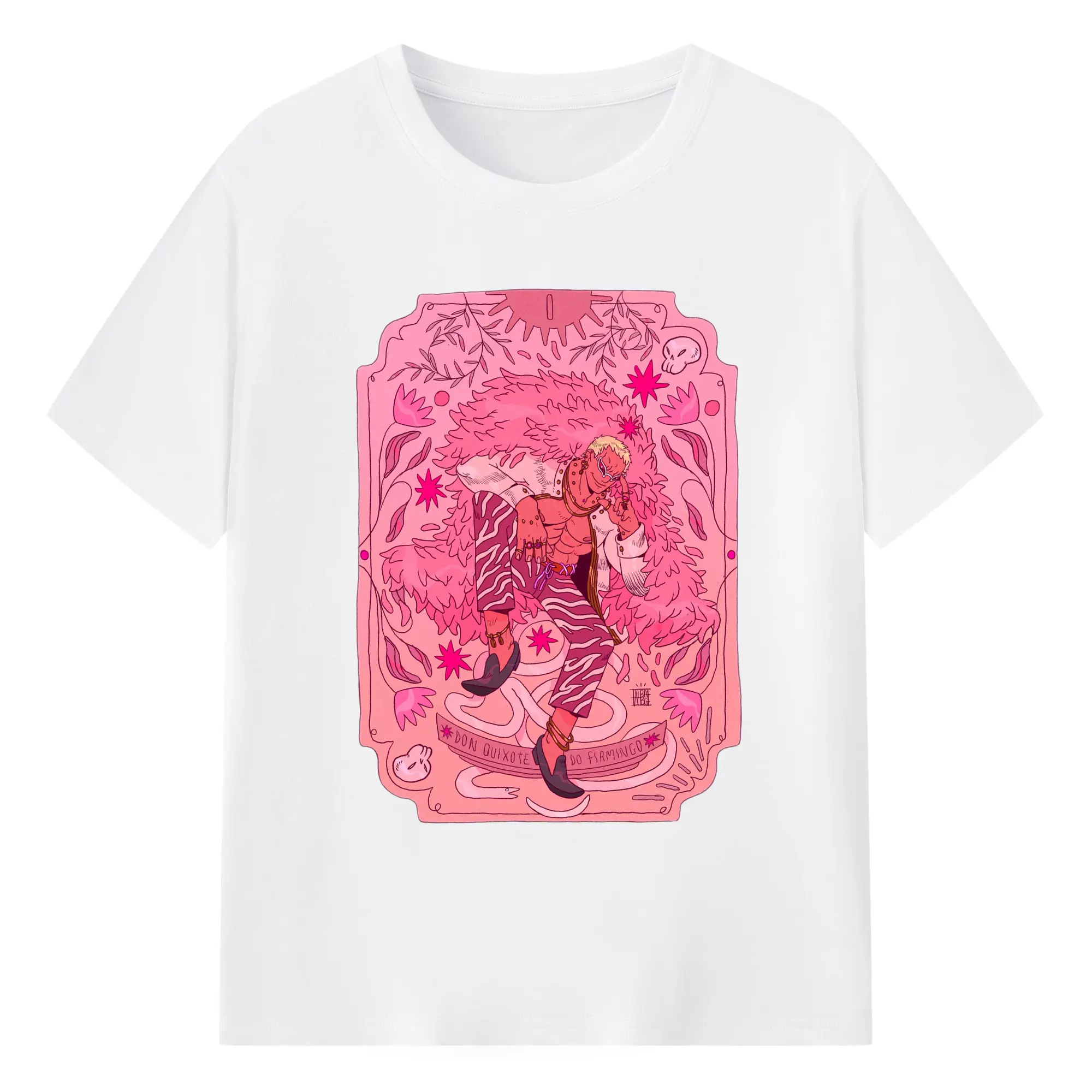 One Piece Donquixote Doflamingo Pink Art DIY Shirt - 180g Cotton T-Shirt With Front Heat Transfer Print – Soft, Lightweight, Fitted Design – Comfortable Casual Wear For Sports & Everyday Use