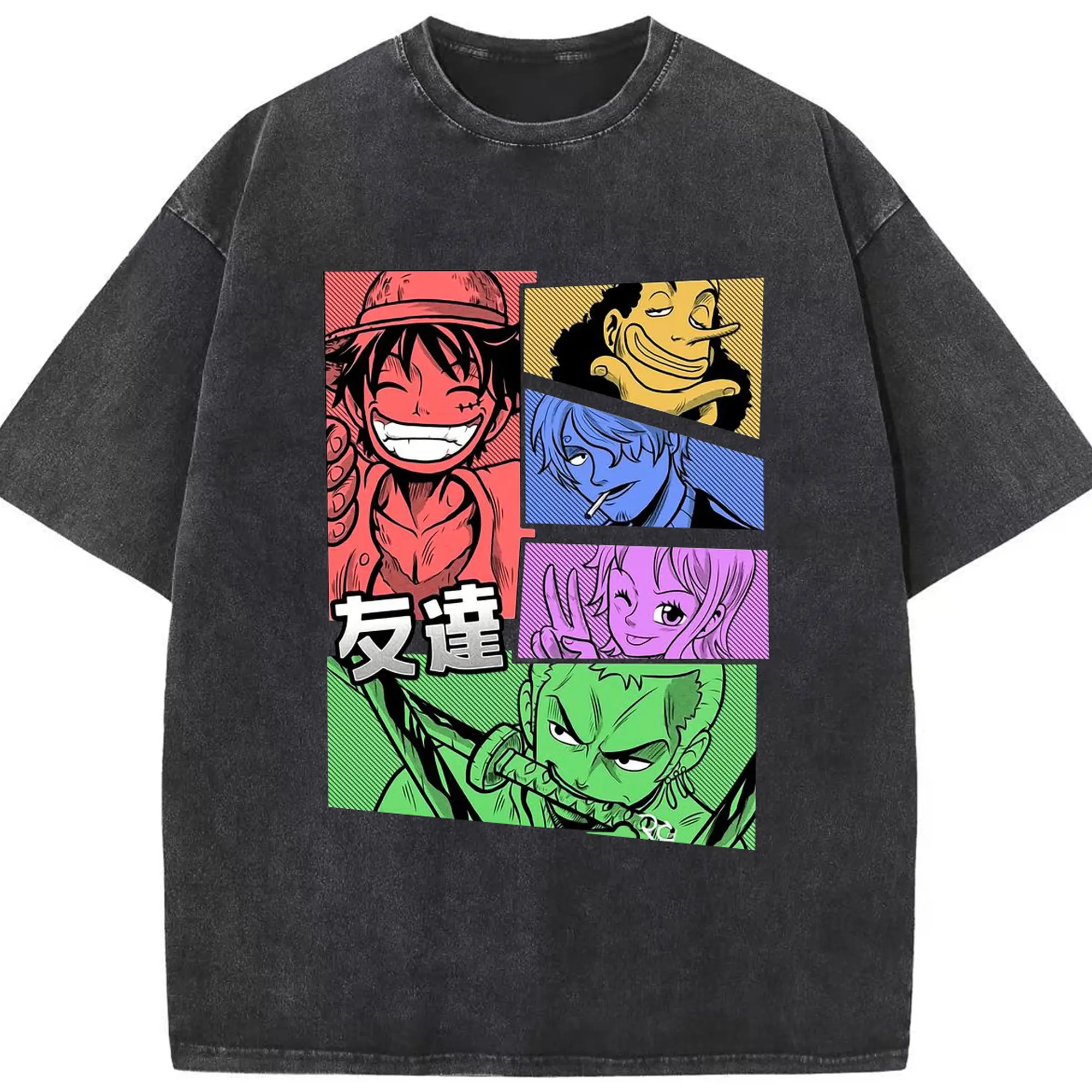 One Piece Straw Hat Crew Friendship Anime DIY Shirt - Washed Vintage Look 230g Cotton Oversized T-Shirt With Front Heat Transfer Print – Soft, Lightweight, Stylish Fit – Comfortable Casual Wear For Sports & Everyday Use
