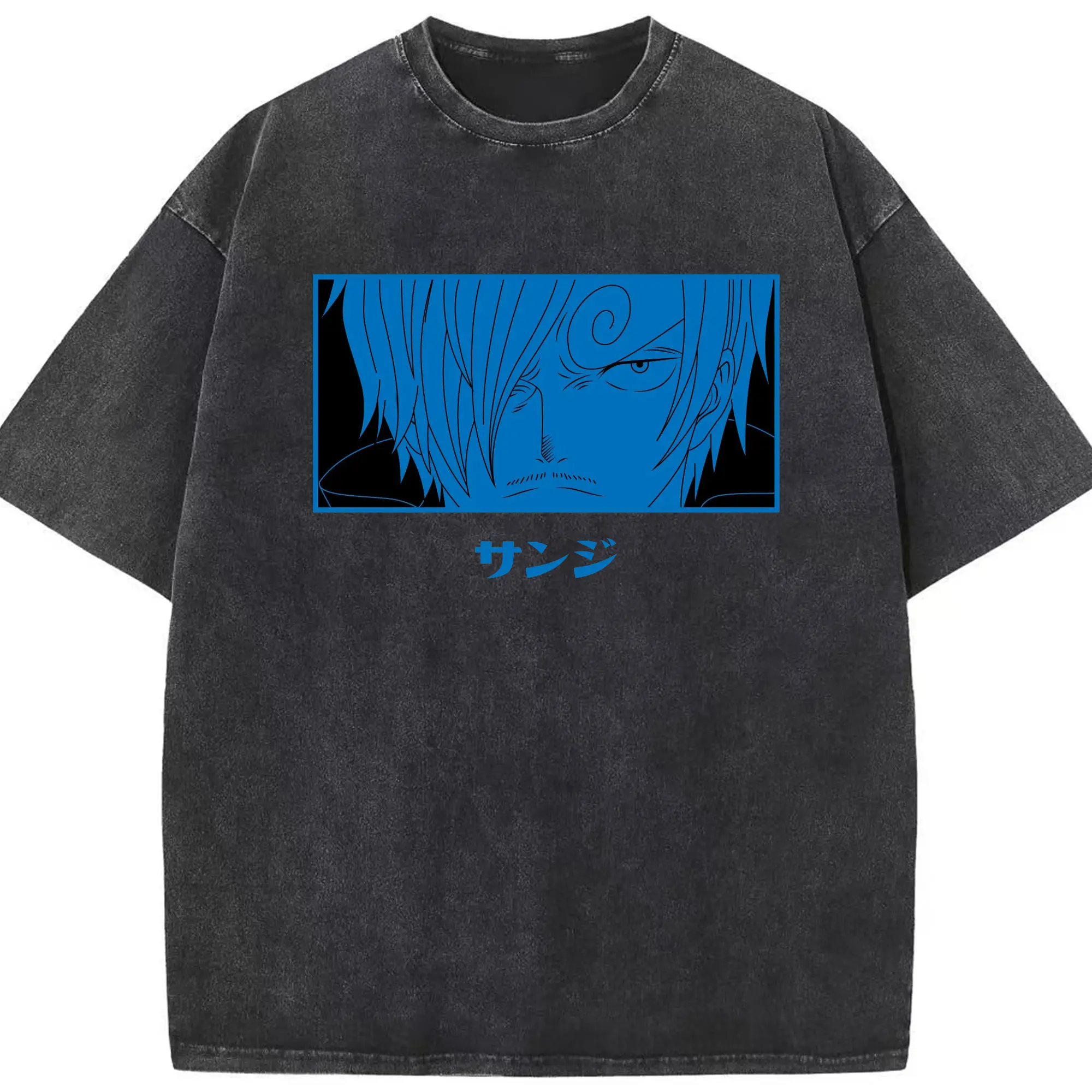 One Piece Sanji Blue Anime DIY Shirt - Washed Vintage Look 230g Cotton Oversized T-Shirt With Front Heat Transfer Print – Soft, Lightweight, Stylish Fit – Comfortable Casual Wear For Sports & Everyday Use