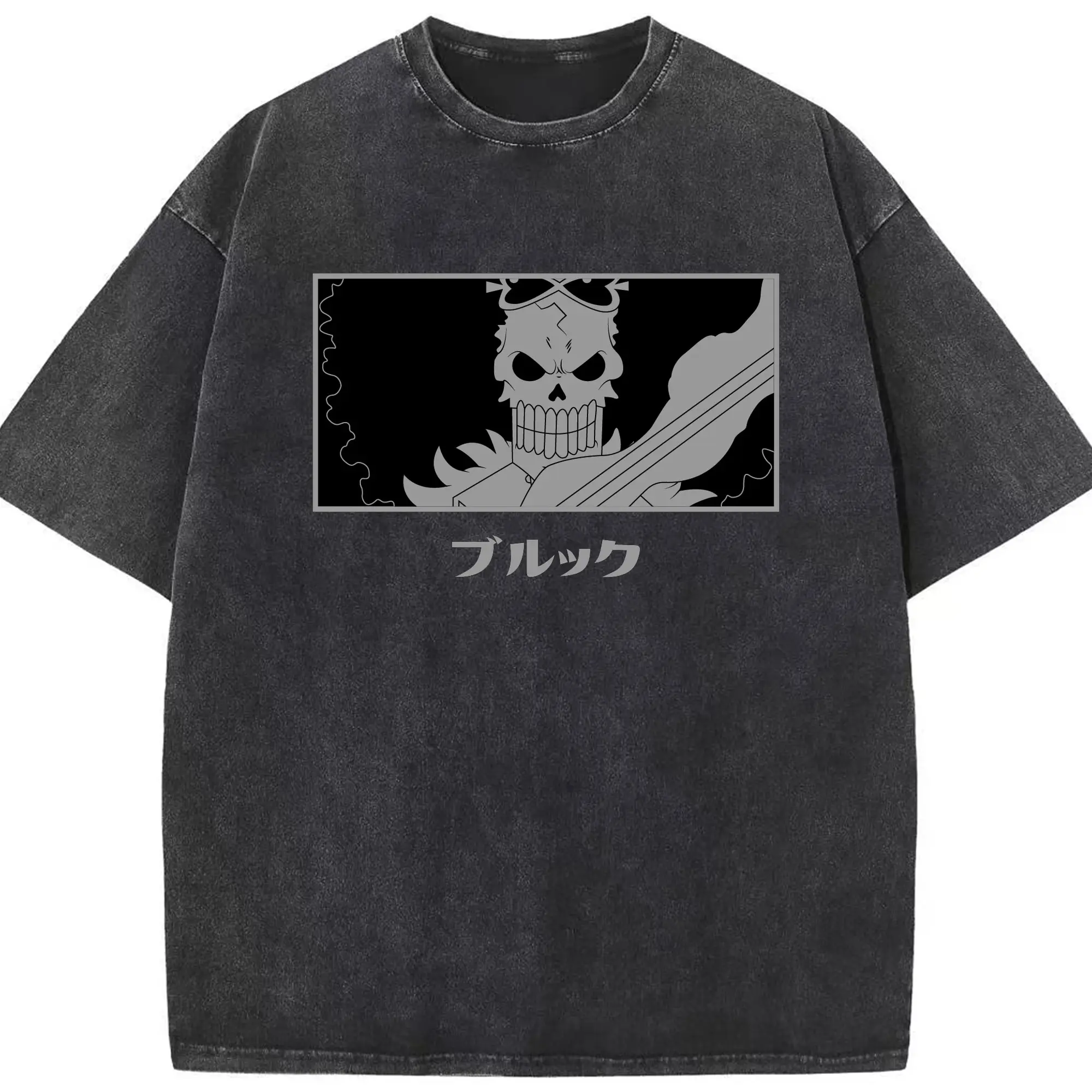 One Piece Brook Monochrome Skull Anime DIY Shirt - Washed Vintage Look 230g Cotton Oversized T-Shirt With Front Heat Transfer Print – Soft, Lightweight, Stylish Fit – Comfortable Casual Wear For Sports & Everyday Use