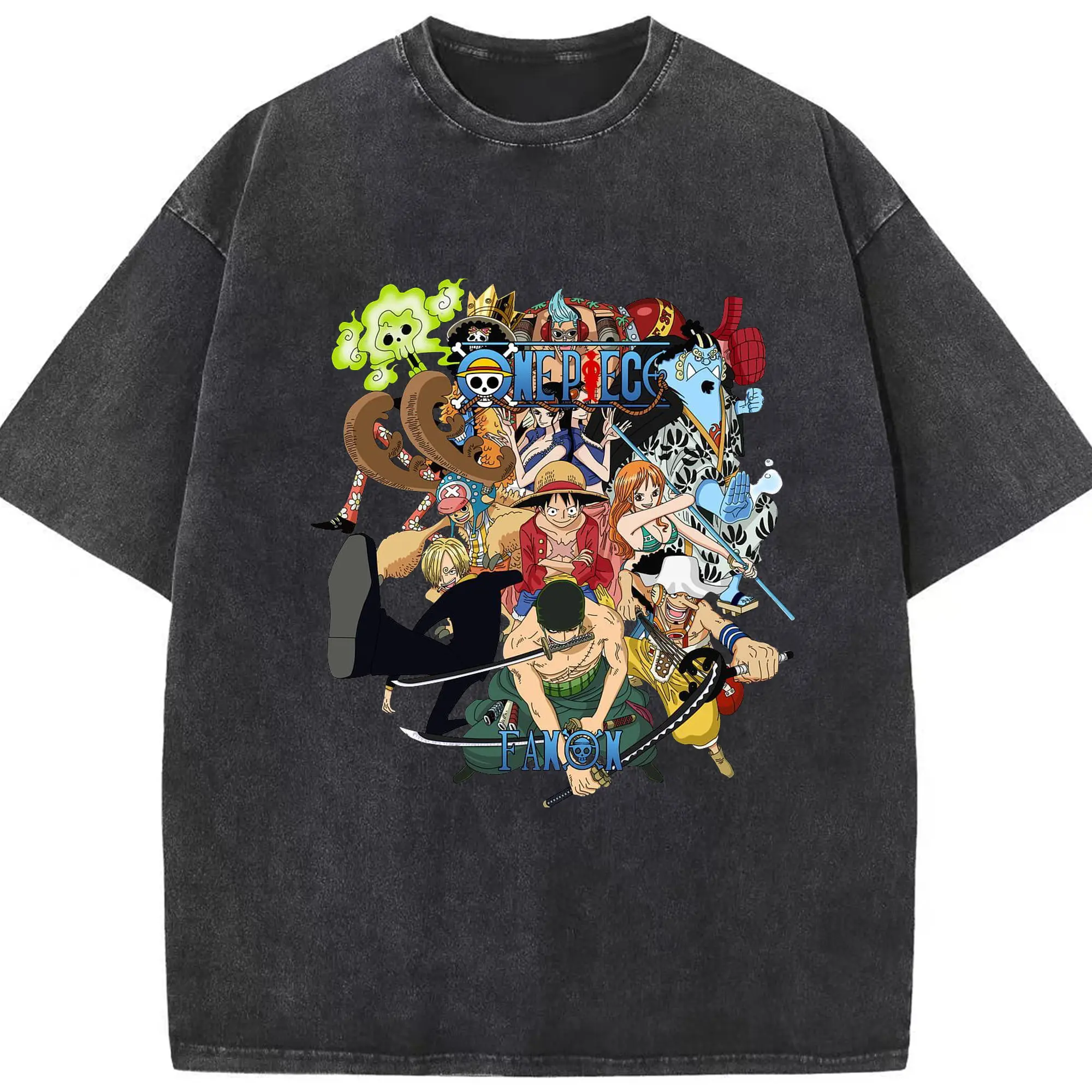 One Piece Straw Hat Crew Full Group Anime DIY Shirt - Washed Vintage Look 230g Cotton Oversized T-Shirt With Front Heat Transfer Print – Soft, Lightweight, Stylish Fit – Comfortable Casual Wear For Sports & Everyday Use