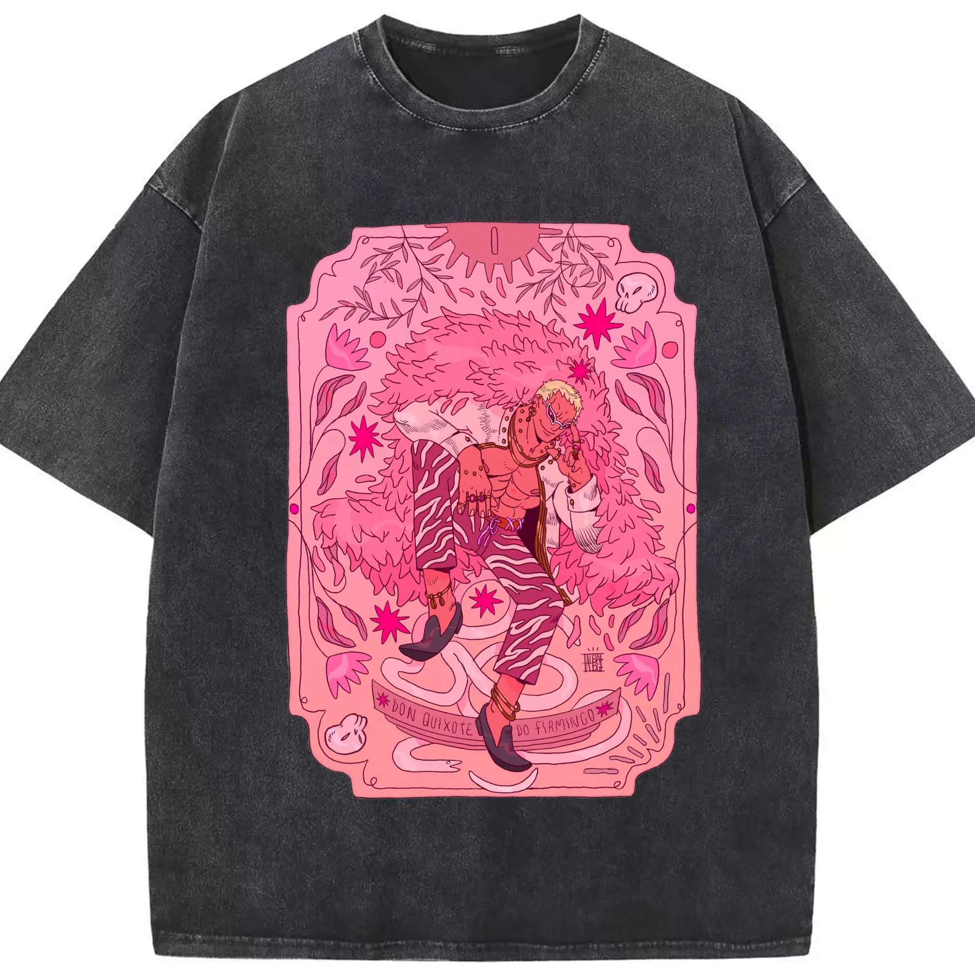 One Piece Donquixote Doflamingo Pink Art DIY Shirt - Washed Vintage Look 230g Cotton Oversized T-Shirt With Front Heat Transfer Print – Soft, Lightweight, Stylish Fit – Comfortable Casual Wear For Sports & Everyday Use