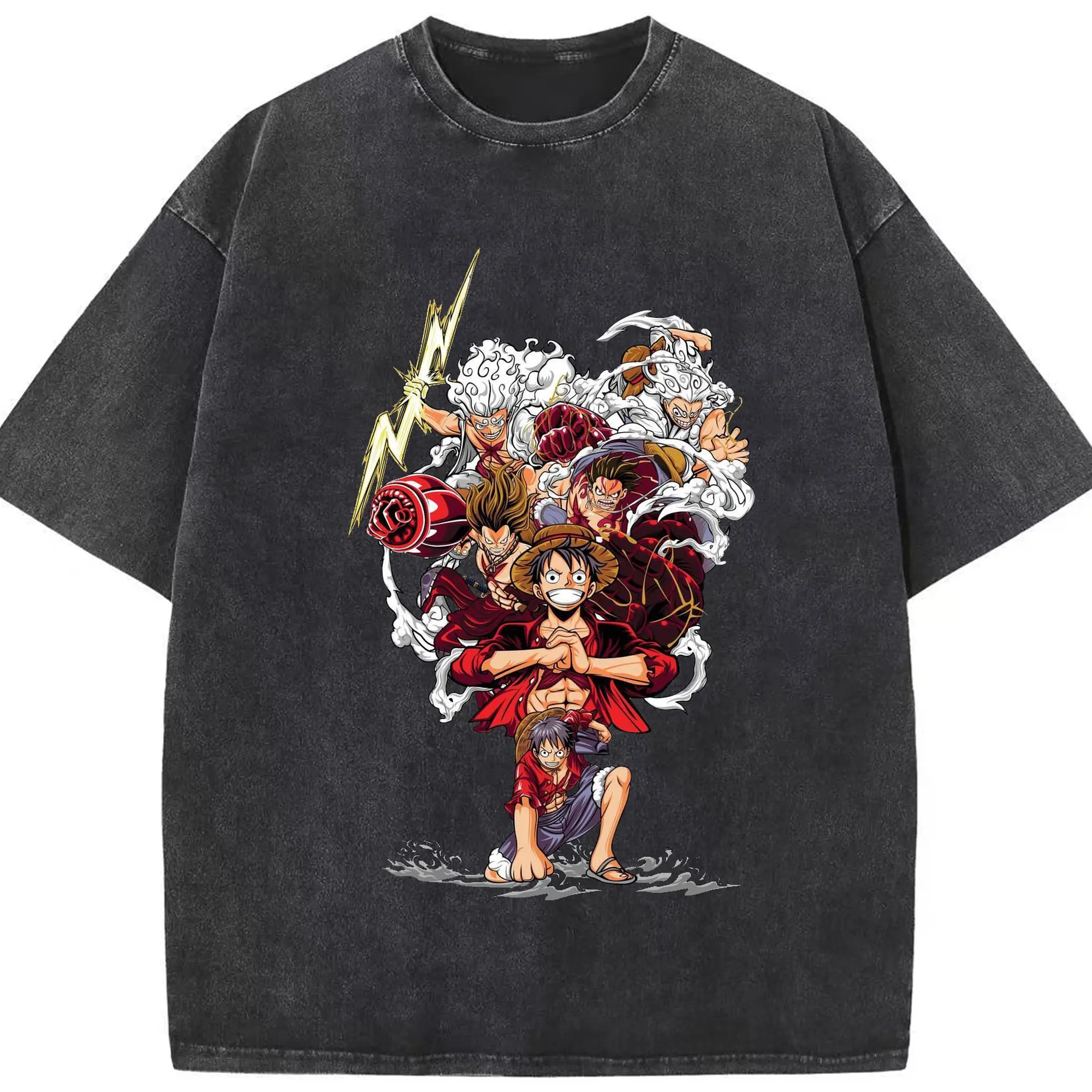One Piece Luffy Multiple Forms Anime DIY Shirt - Washed Vintage Look 230g Cotton Oversized T-Shirt With Front Heat Transfer Print – Soft, Lightweight, Stylish Fit – Comfortable Casual Wear For Sports & Everyday Use