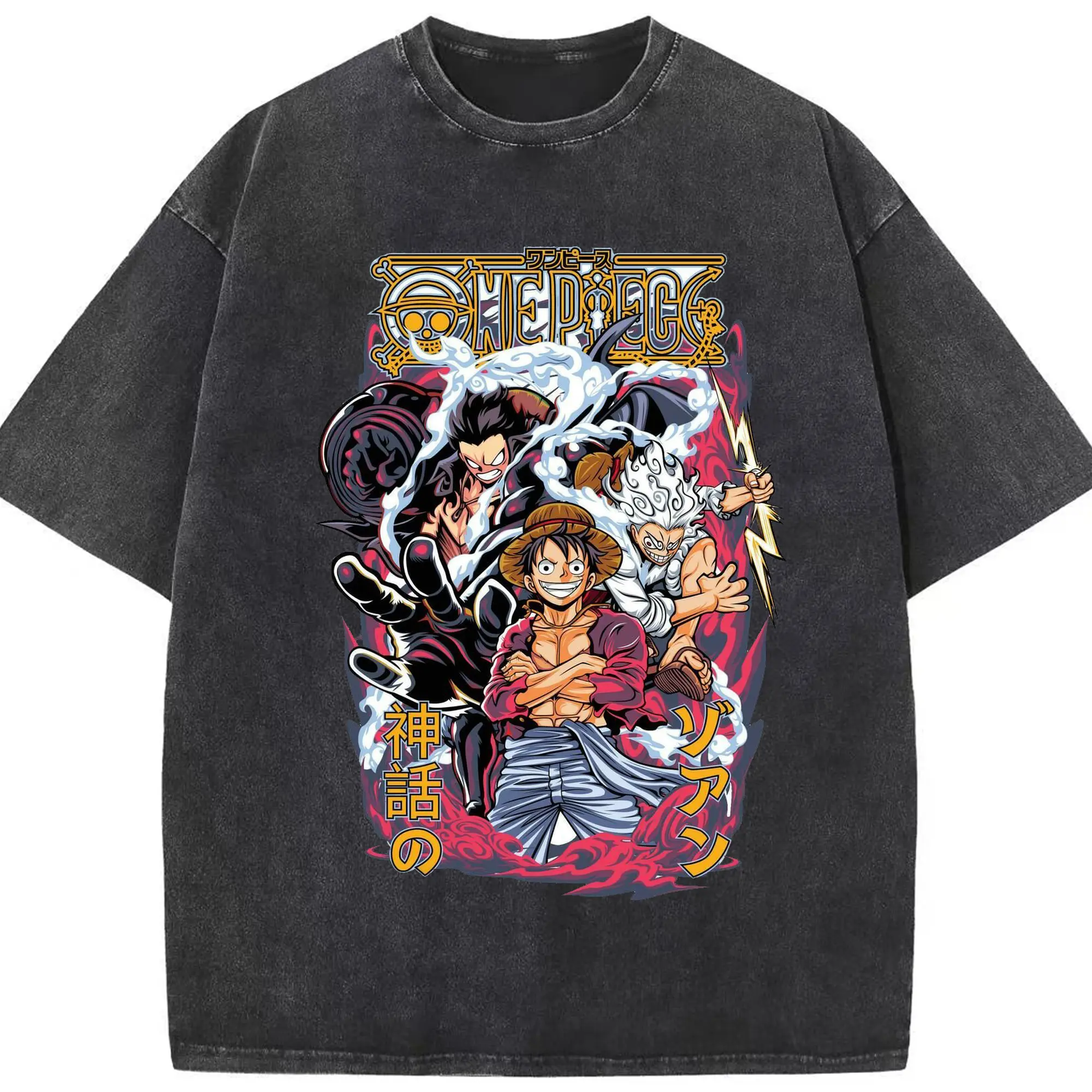 One Piece Luffy Mythical Forms Anime DIY Shirt - Washed Vintage Look 230g Cotton Oversized T-Shirt With Front Heat Transfer Print – Soft, Lightweight, Stylish Fit – Comfortable Casual Wear For Sports & Everyday Use