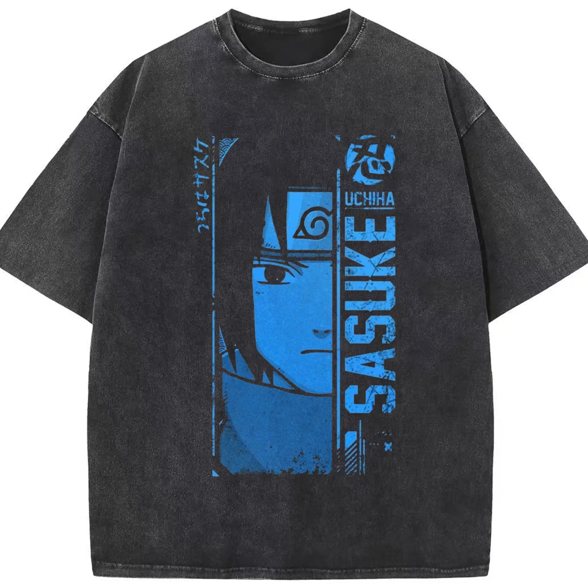 Naruto Uchiha Sasuke Blue Retro Anime DIY Shirt - Washed Vintage Look 230g Cotton Oversized T-Shirt With Front Heat Transfer Print – Soft, Lightweight, Stylish Fit – Comfortable Casual Wear For Sports & Everyday Use