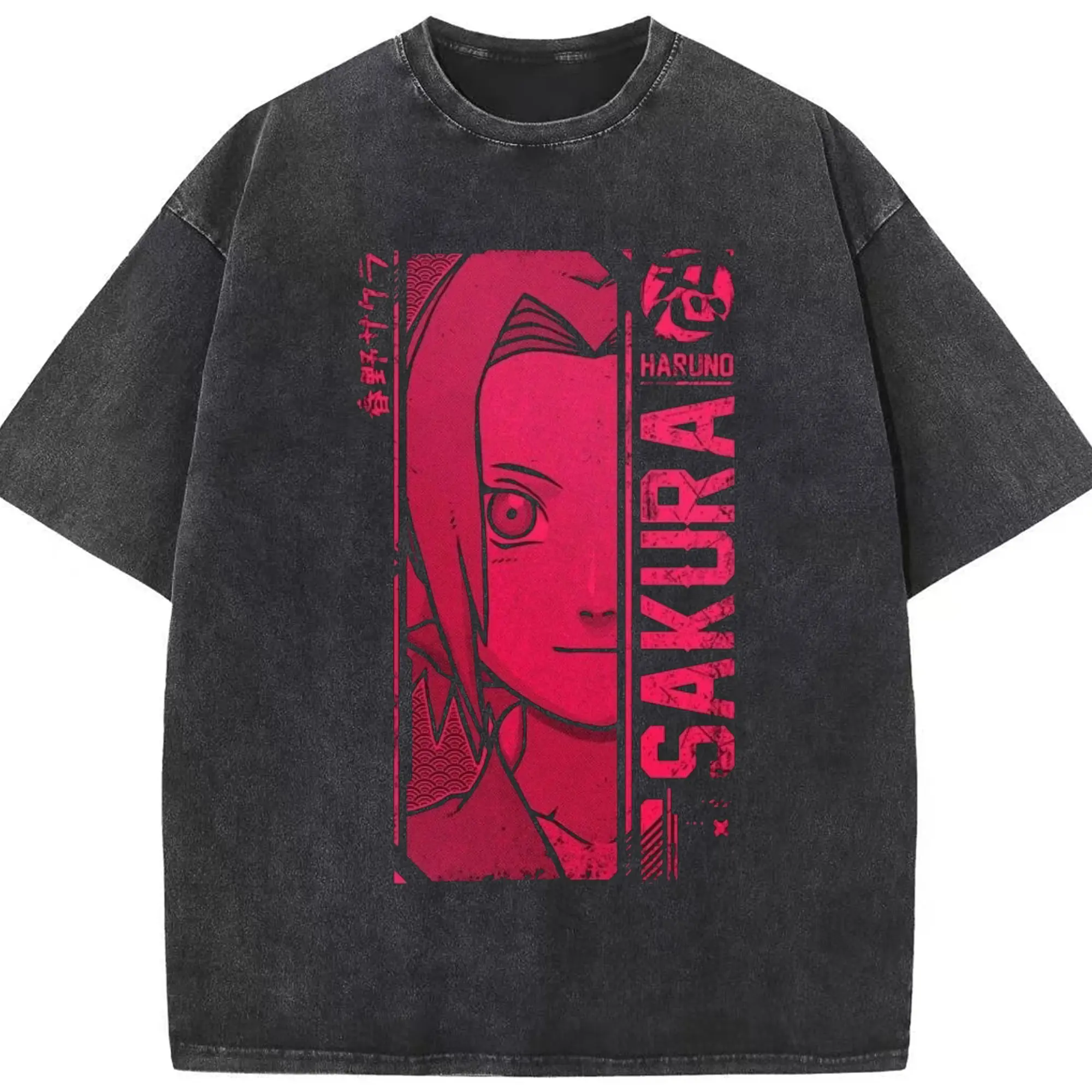 Naruto Haruno Sakura Pink Retro Anime DIY Shirt - Washed Vintage Look 230g Cotton Oversized T-Shirt With Front Heat Transfer Print – Soft, Lightweight, Stylish Fit – Comfortable Casual Wear For Sports & Everyday Use