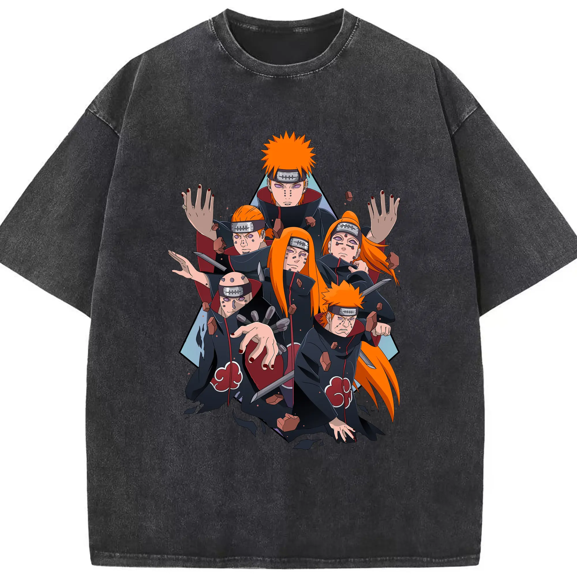 Naruto Pain Six Paths Akatsuki Anime DIY Shirt - Washed Vintage Look 230g Cotton Oversized T-Shirt With Front Heat Transfer Print – Soft, Lightweight, Stylish Fit – Comfortable Casual Wear For Sports & Everyday Use