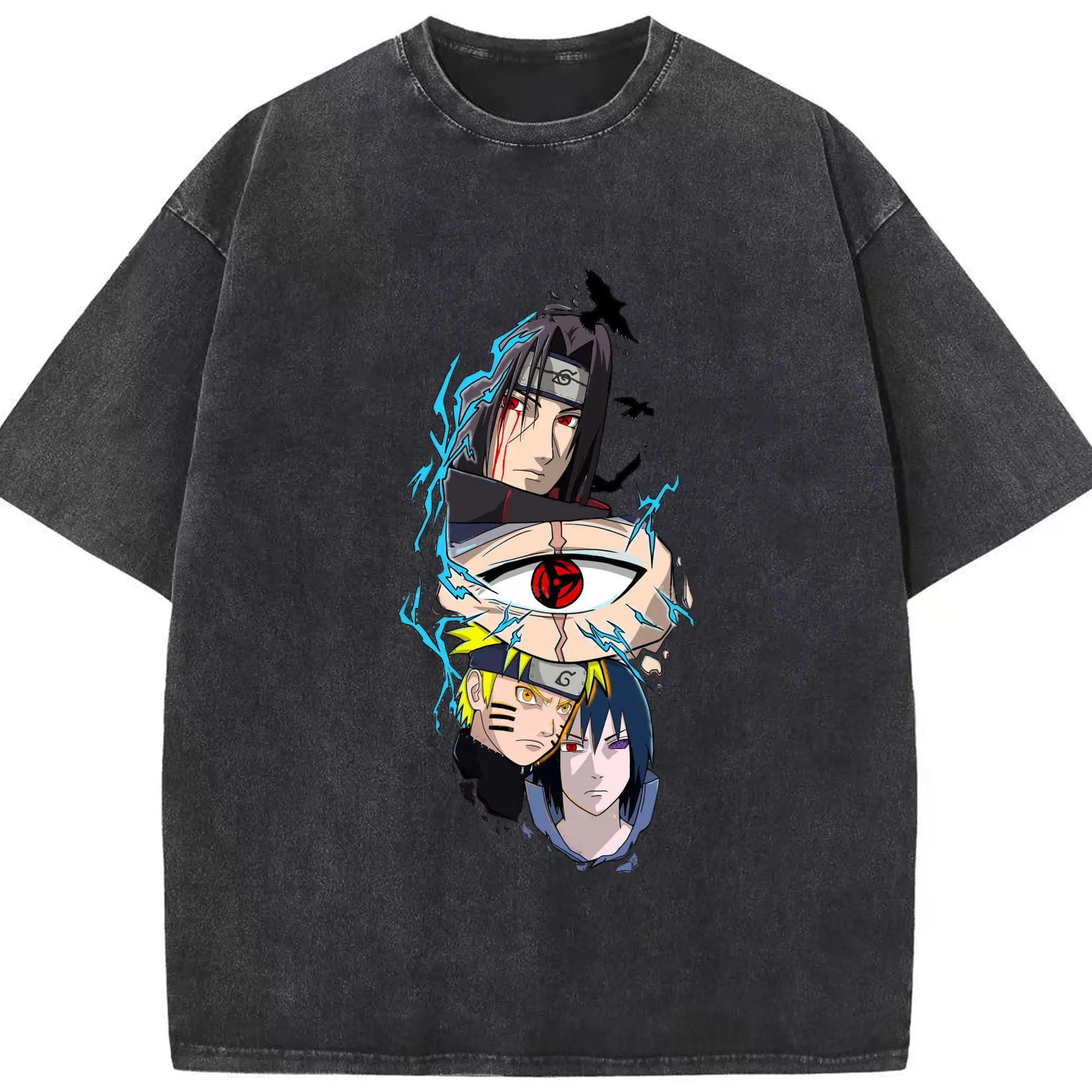 Naruto Itachi Sasuke Sharingan Anime DIY Shirt - Washed Vintage Look 230g Cotton Oversized T-Shirt With Front Heat Transfer Print – Soft, Lightweight, Stylish Fit – Comfortable Casual Wear For Sports & Everyday Use