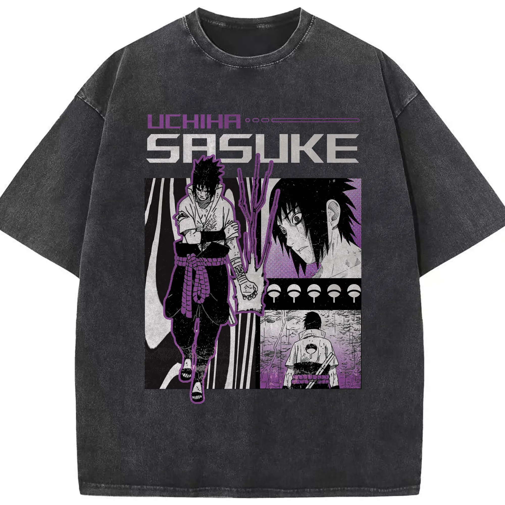 Naruto Uchiha Sasuke Retro Anime DIY Shirt - Washed Vintage Look 230g Cotton Oversized T-Shirt With Front Heat Transfer Print – Soft, Lightweight, Stylish Fit – Comfortable Casual Wear For Sports & Everyday Use