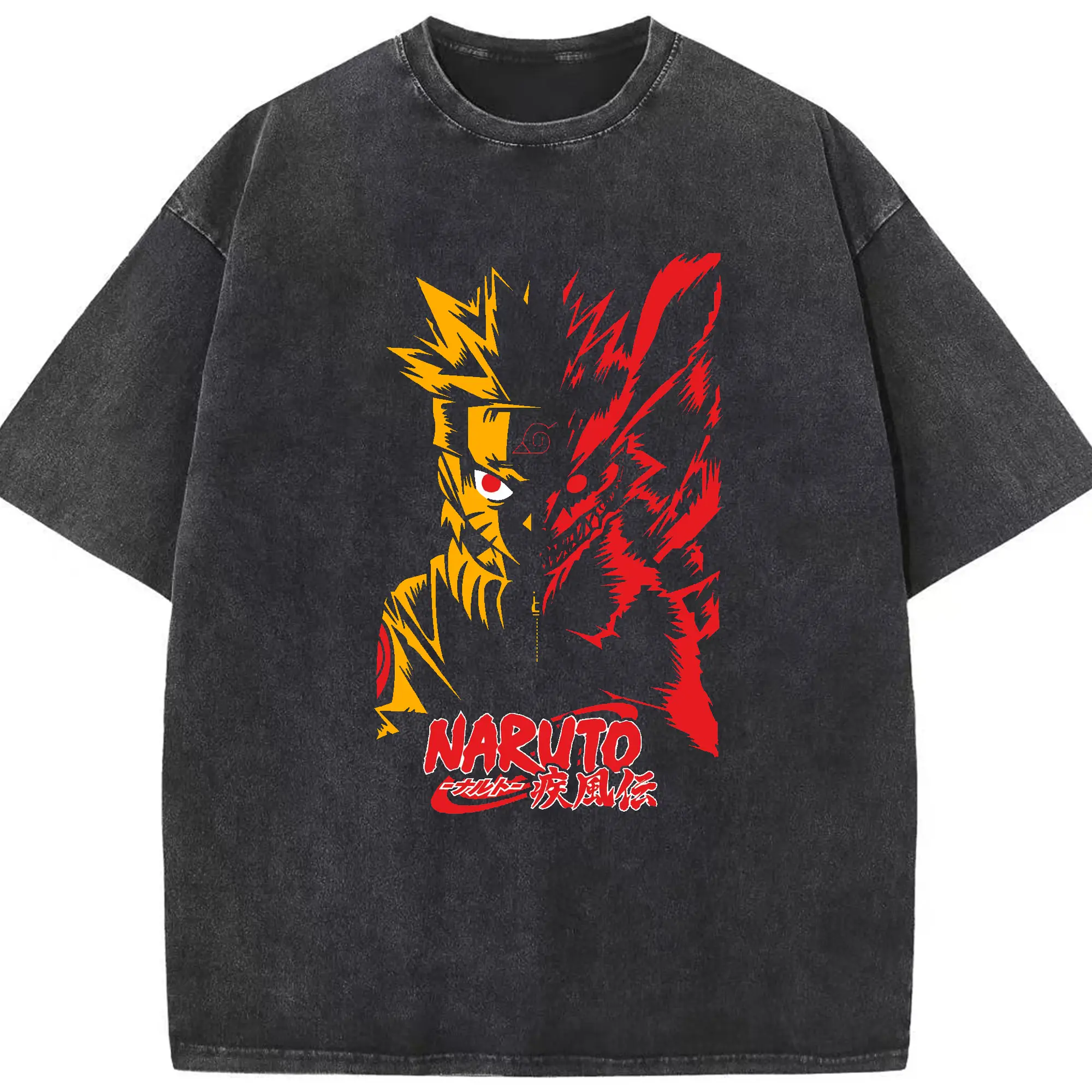 Naruto & Kurama Fusion Anime DIY Shirt - Washed Vintage Look 230g Cotton Oversized T-Shirt With Front Heat Transfer Print – Soft, Lightweight, Stylish Fit – Comfortable Casual Wear For Sports & Everyday Use