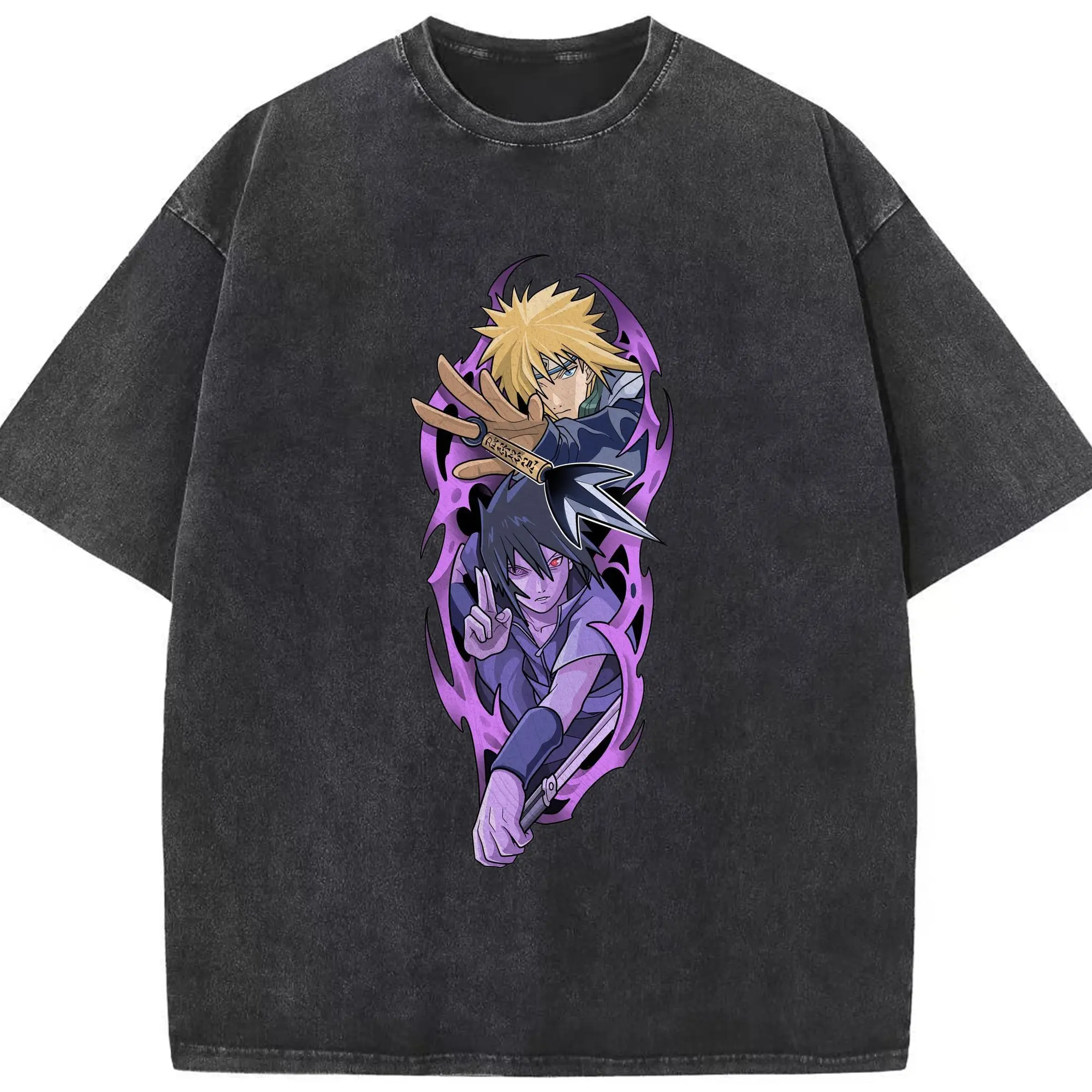 Naruto Minato & Sasuke Ninja Battle Anime DIY Shirt - Washed Vintage Look 230g Cotton Oversized T-Shirt With Front Heat Transfer Print – Soft, Lightweight, Stylish Fit – Comfortable Casual Wear For Sports & Everyday Use