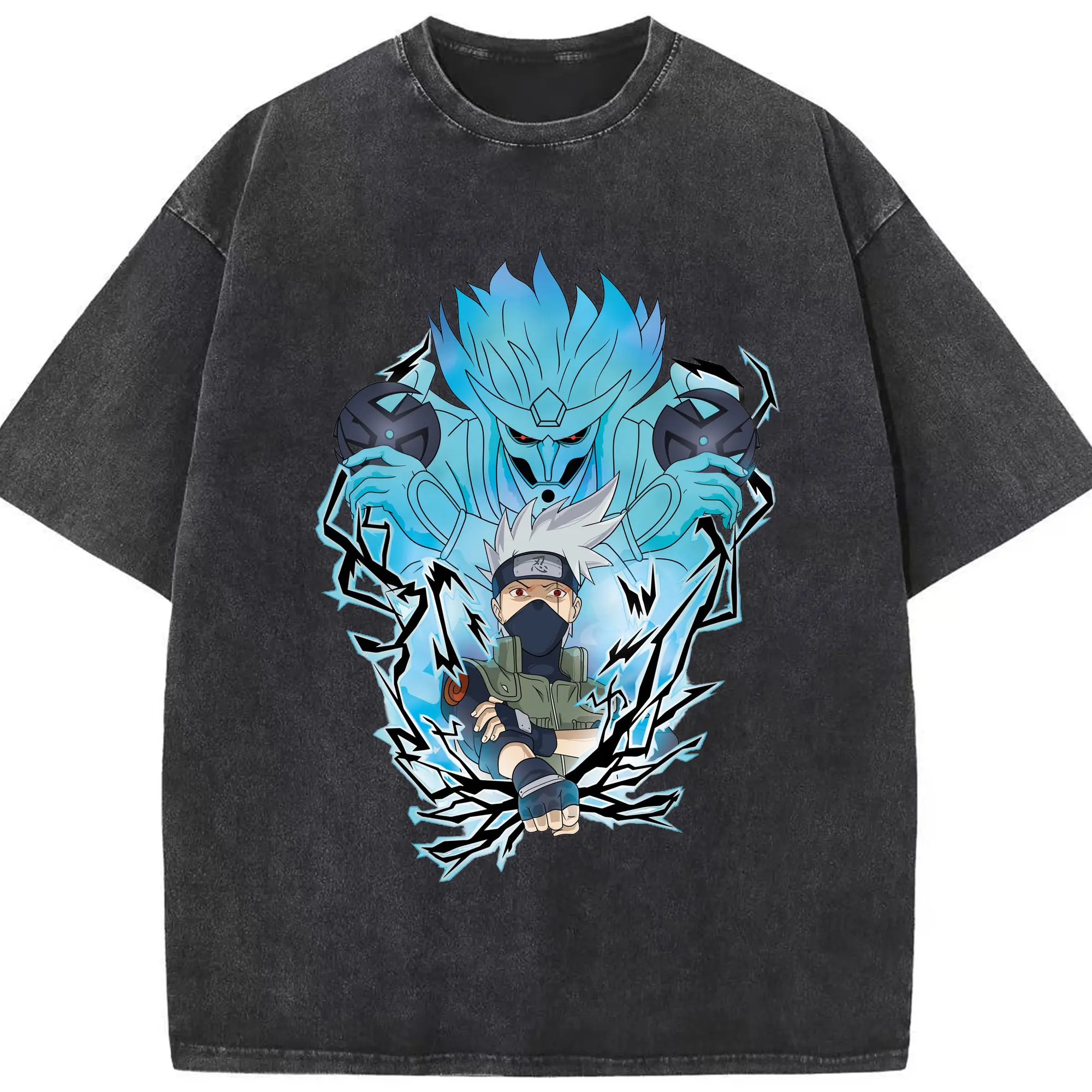 Naruto Kakashi Susanoo & Raikiri Anime DIY Shirt - Washed Vintage Look 230g Cotton Oversized T-Shirt With Front Heat Transfer Print – Soft, Lightweight, Stylish Fit – Comfortable Casual Wear For Sports & Everyday Use