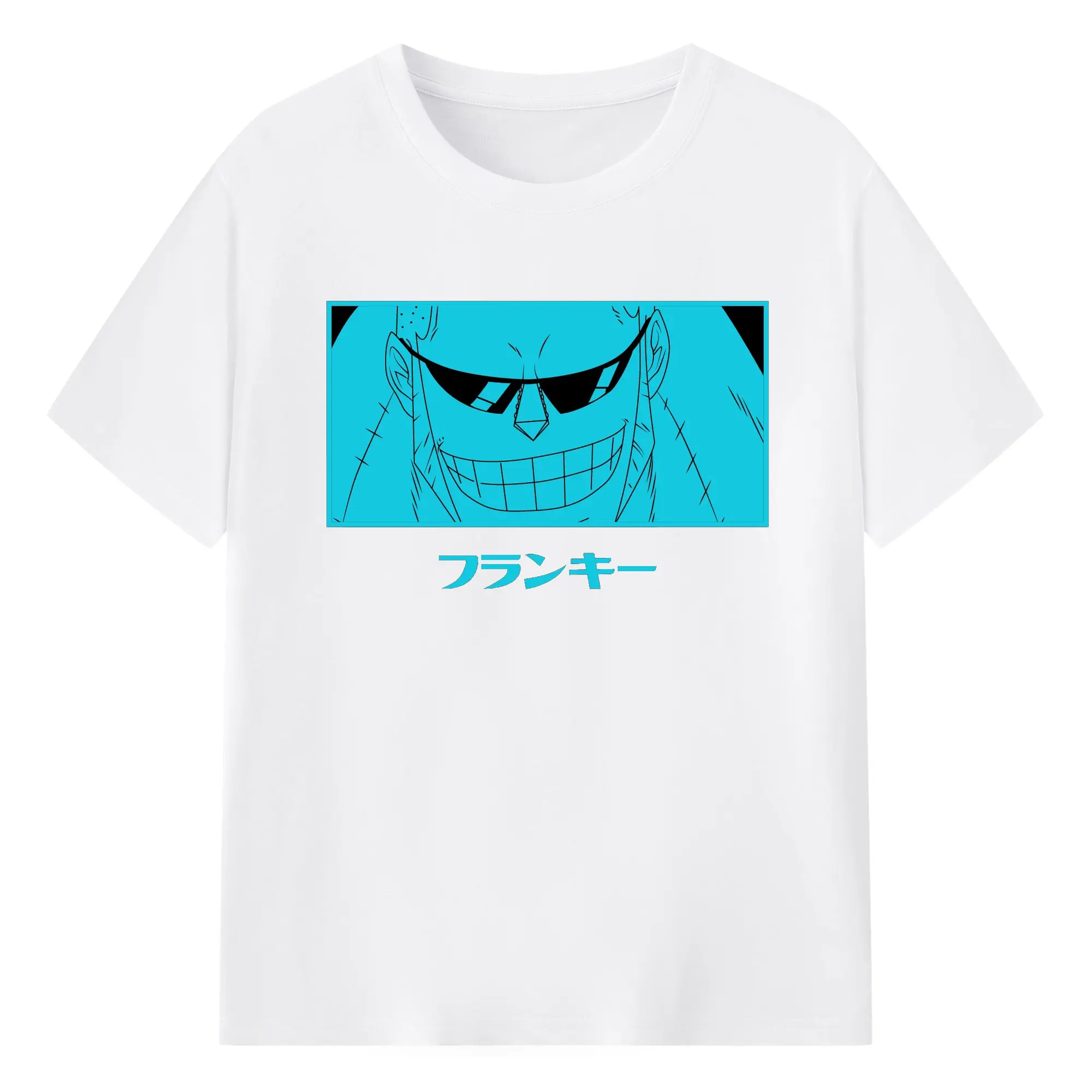 One Piece Franky Blue Anime DIY Shirt - 180g Cotton T-Shirt With Front Heat Transfer Print – Soft, Lightweight, Fitted Design – Comfortable Casual Wear For Sports & Everyday Use