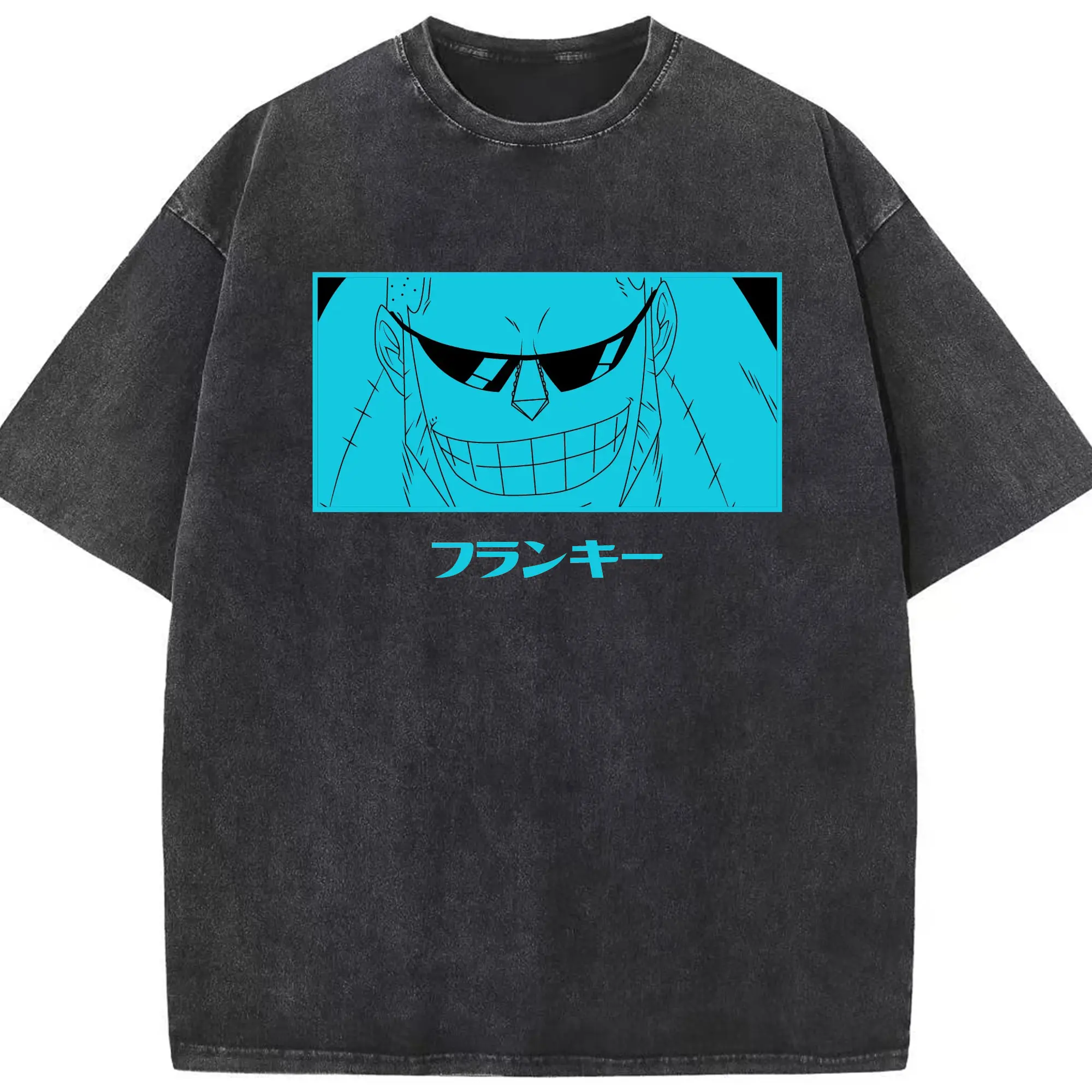 One Piece Franky Blue Anime DIY Shirt - Washed Vintage Look 230g Cotton Oversized T-Shirt With Front Heat Transfer Print – Soft, Lightweight, Stylish Fit – Comfortable Casual Wear For Sports & Everyday Use