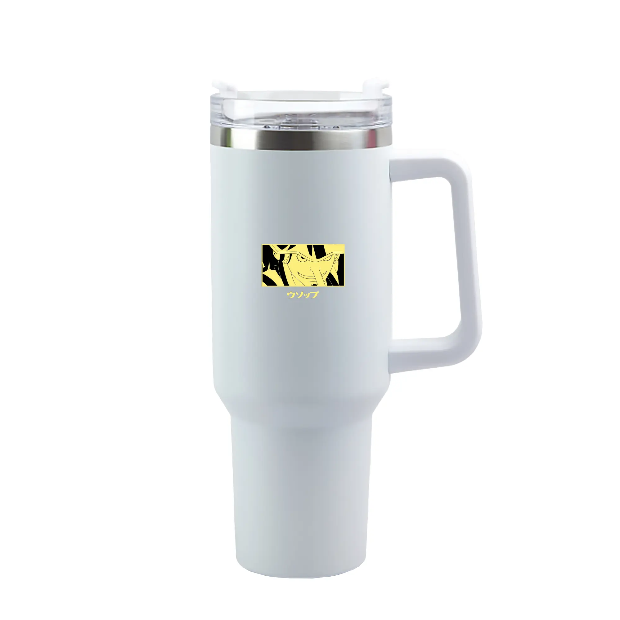 One Piece Usopp Yellow Anime DIY Shirt - 40oz Handle Car Tumbler – Durable Stainless Steel Travel Mug With UV Print – Double Wall Insulated, Fits Most Car Cup Holders