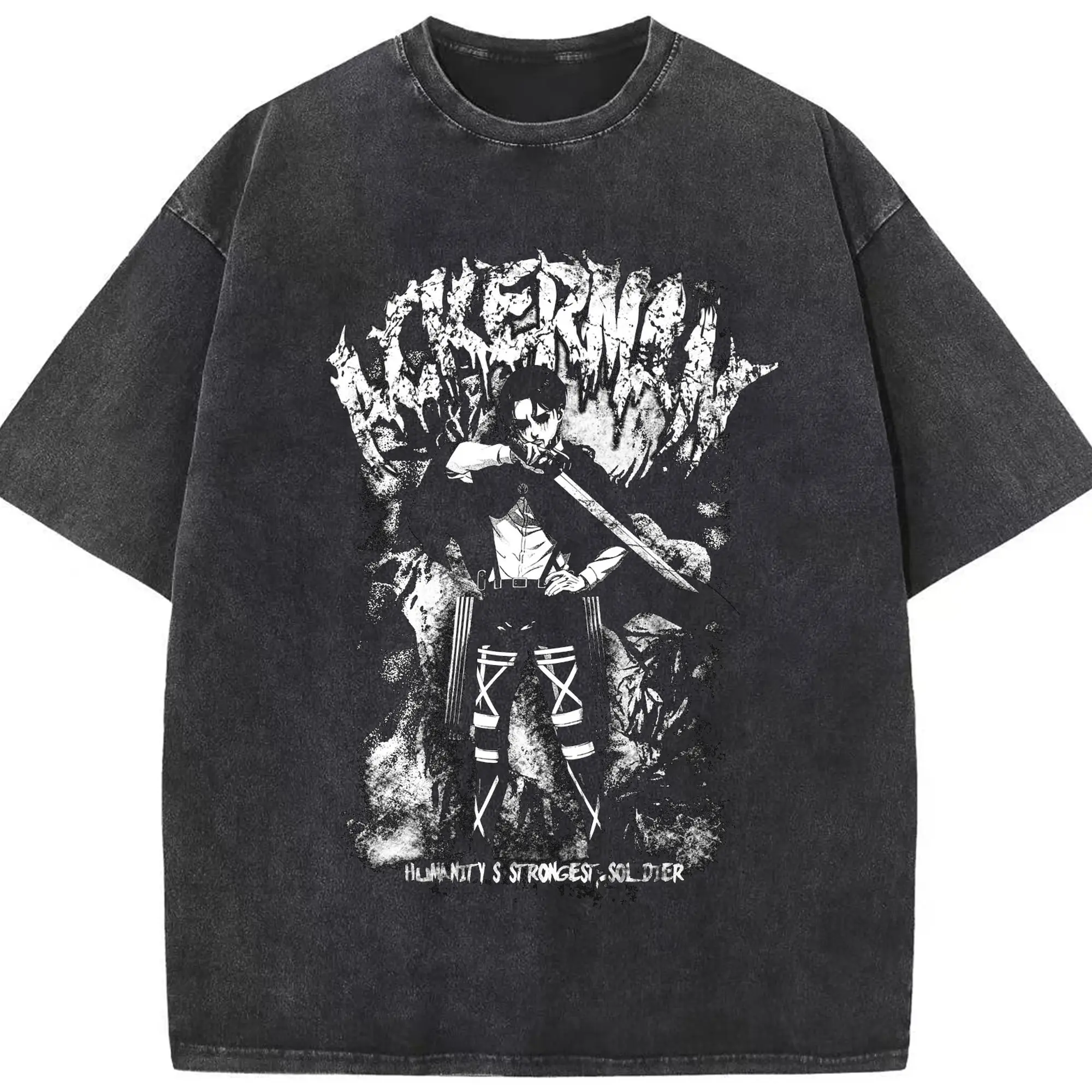 Attack on Titan Levi Ackerman Black & White DIY Shirt - Washed Vintage Look 230g Cotton Oversized T-Shirt With Front Heat Transfer Print – Soft, Lightweight, Stylish Fit – Comfortable Casual Wear For Sports & Everyday Use