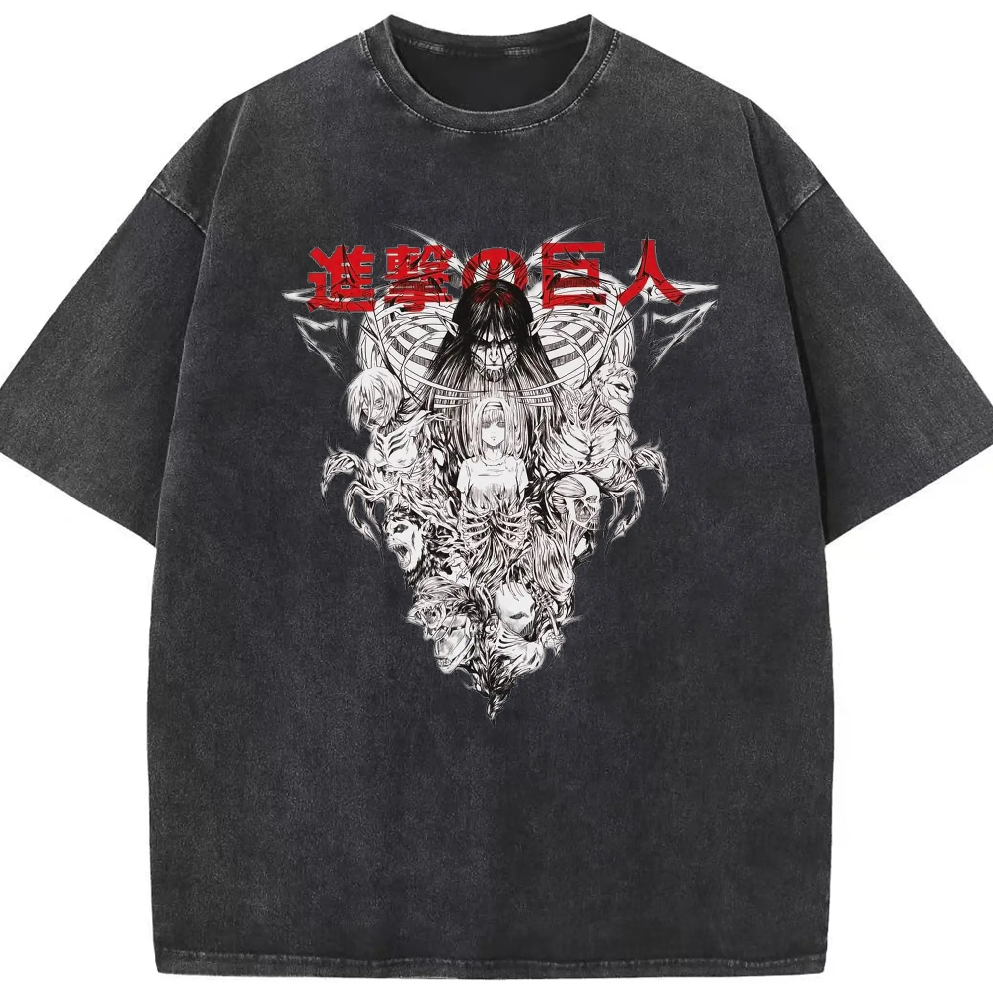 Attack on Titan Dark Art Group Characters DIY Shirt - Washed Vintage Look 230g Cotton Oversized T-Shirt With Front Heat Transfer Print – Soft, Lightweight, Stylish Fit – Comfortable Casual Wear For Sports & Everyday Use