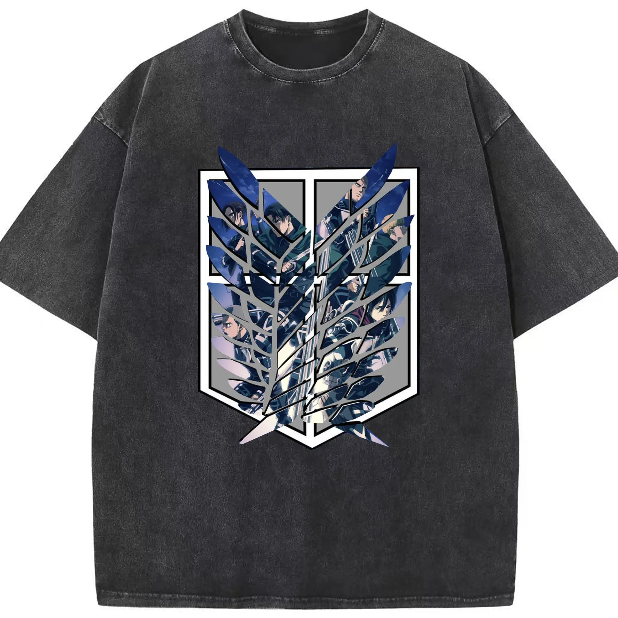 Attack on Titan Survey Corps Wings of Freedom DIY - Washed Vintage Look 230g Cotton Oversized T-Shirt With Front Heat Transfer Print – Soft, Lightweight, Stylish Fit – Comfortable Casual Wear For Sports & Everyday Use