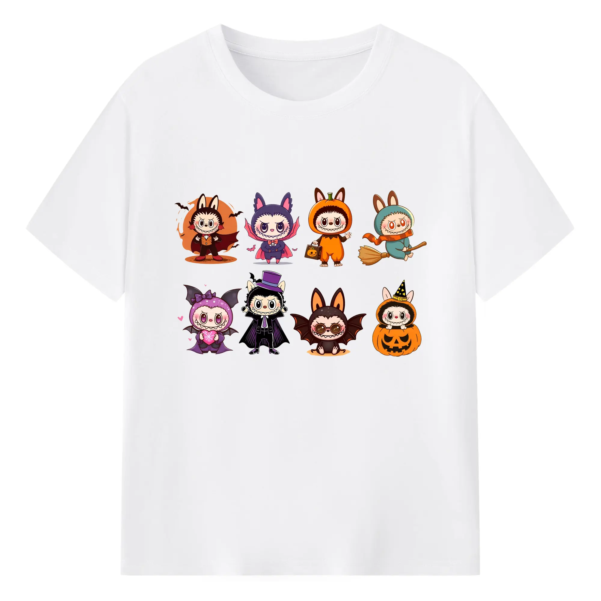 Labubu Halloween Cartoon Characters Collection DIY - 180g Cotton T-Shirt With Front Heat Transfer Print – Soft, Lightweight, Fitted Design – Comfortable Casual Wear For Sports & Everyday Use