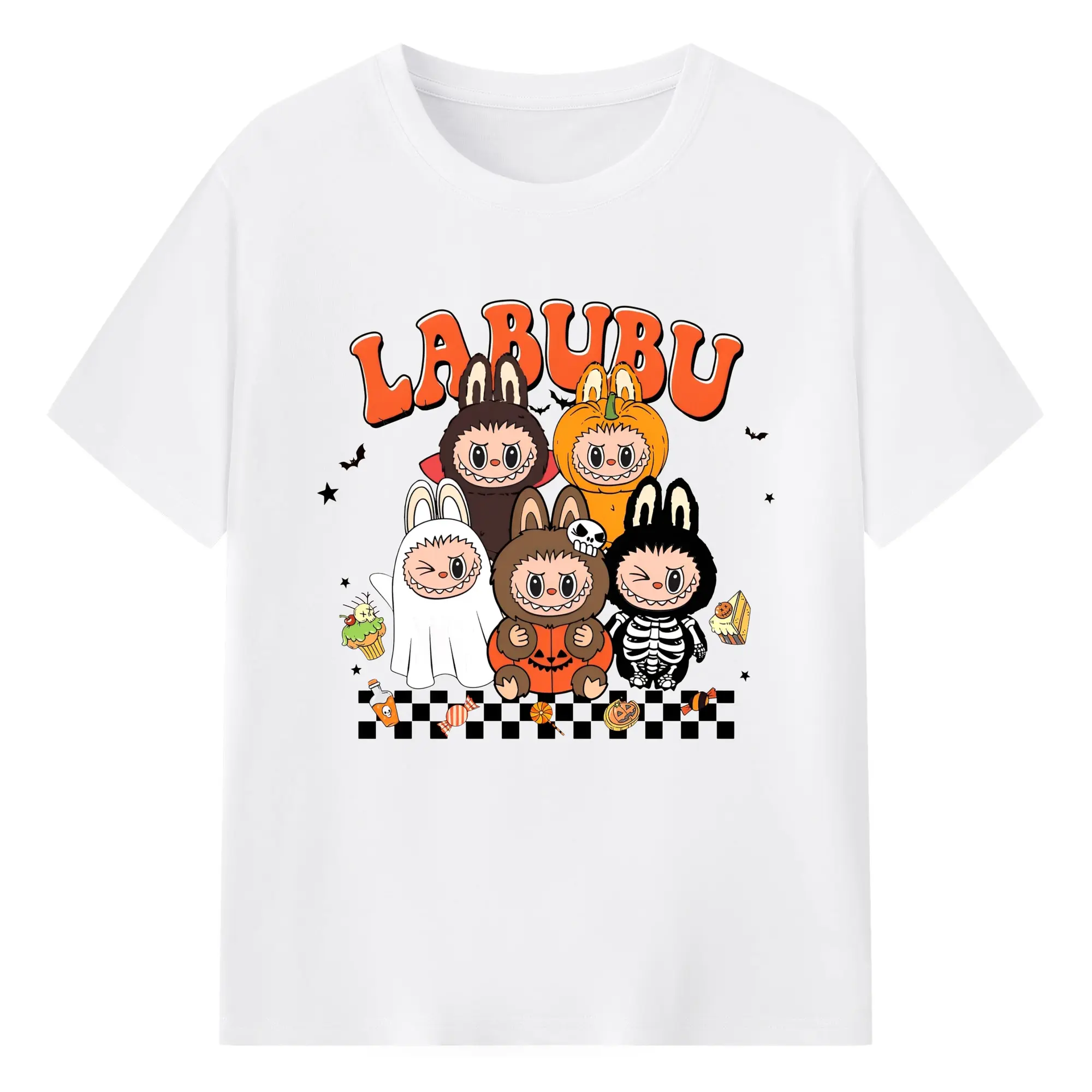 Labubu Halloween Cute Cartoon Group DIY - 180g Cotton T-Shirt With Front Heat Transfer Print – Soft, Lightweight, Fitted Design – Comfortable Casual Wear For Sports & Everyday Use