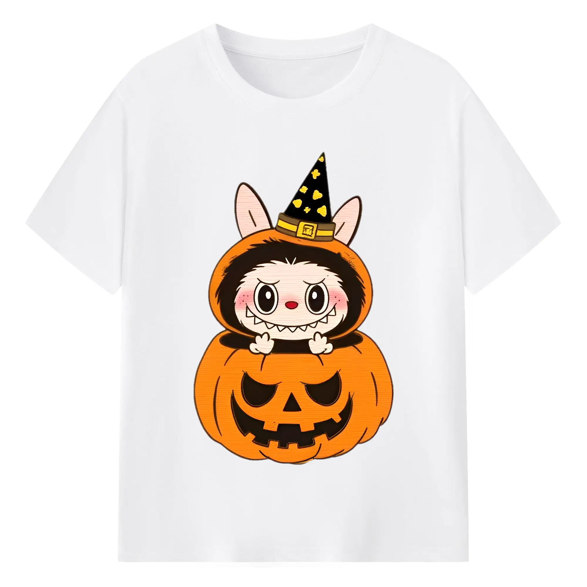 Labubu Halloween Cute Pumpkin Witch Cartoon DIY - 180g Cotton T-Shirt With Front Heat Transfer Print – Soft, Lightweight, Fitted Design – Comfortable Casual Wear For Sports & Everyday Use