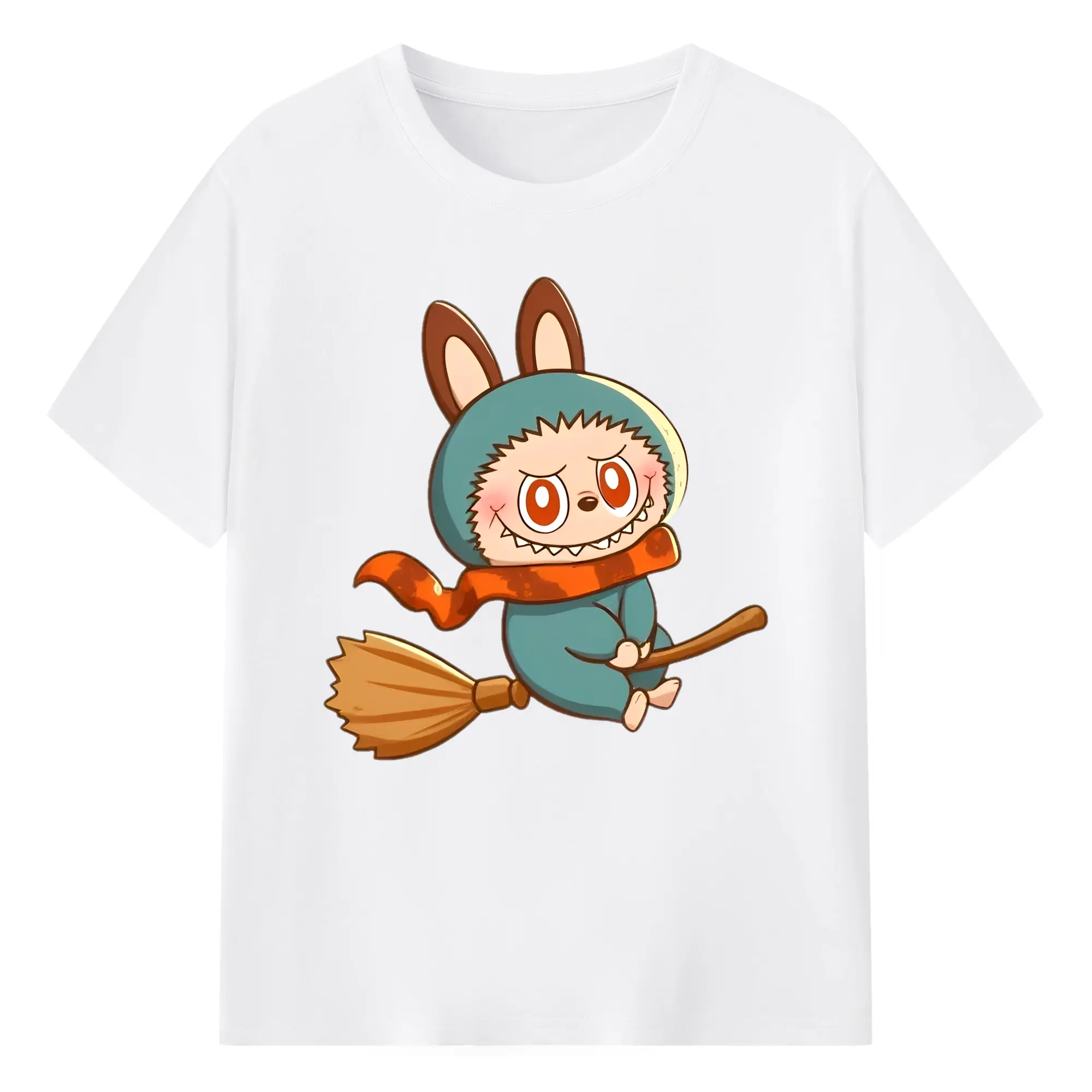 Labubu Cute Magical Witch Broom Cartoon DIY - 180g Cotton T-Shirt With Front Heat Transfer Print – Soft, Lightweight, Fitted Design – Comfortable Casual Wear For Sports & Everyday Use