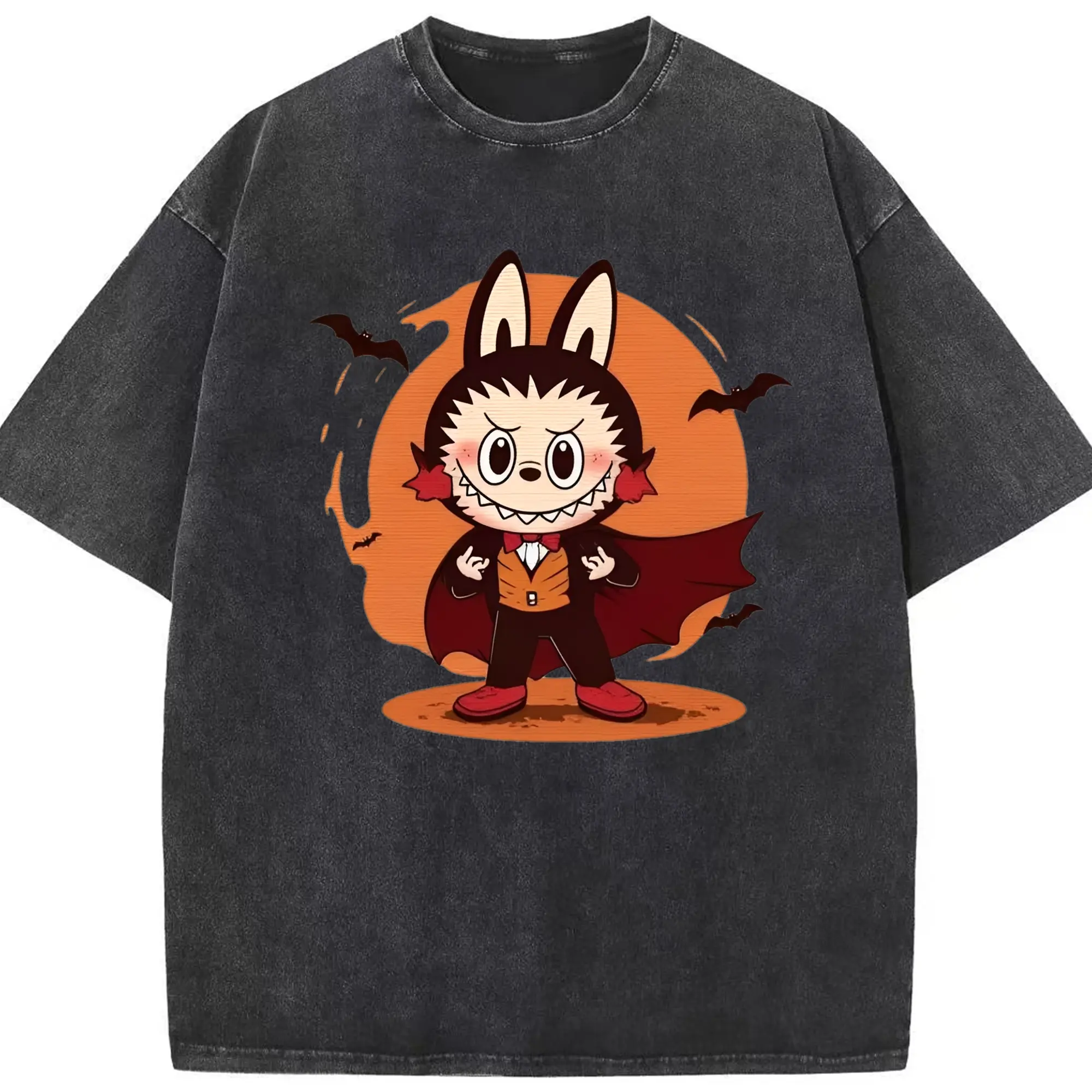 Cute Vampire Labubu Cartoon Halloween DIY - Washed Vintage Look 230g Cotton Oversized T-Shirt With Front Heat Transfer Print – Soft, Lightweight, Stylish Fit – Comfortable Casual Wear For Sports & Everyday Use