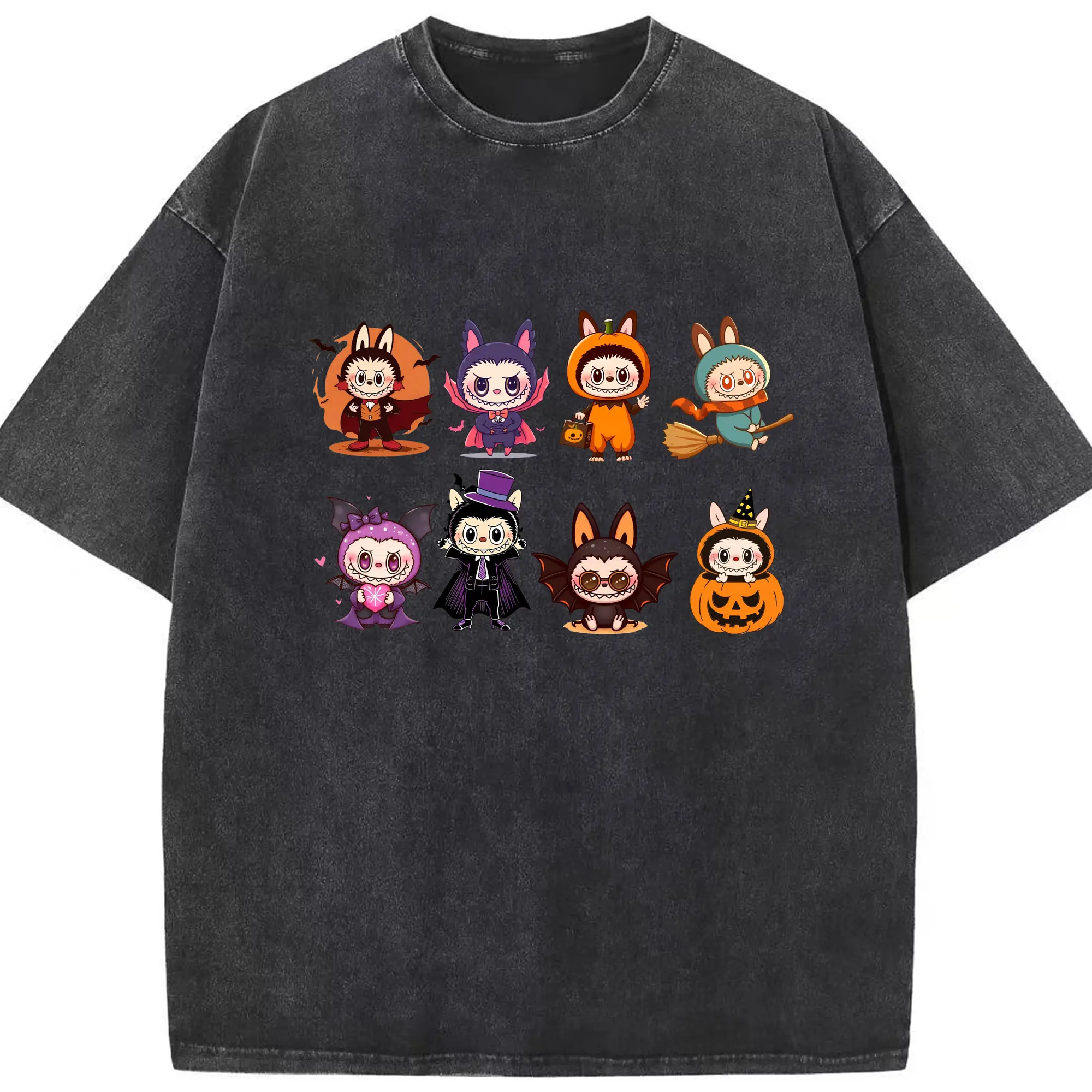 Labubu Halloween Cartoon Characters Collection DIY - Washed Vintage Look 230g Cotton Oversized T-Shirt With Front Heat Transfer Print – Soft, Lightweight, Stylish Fit – Comfortable Casual Wear For Sports & Everyday Use