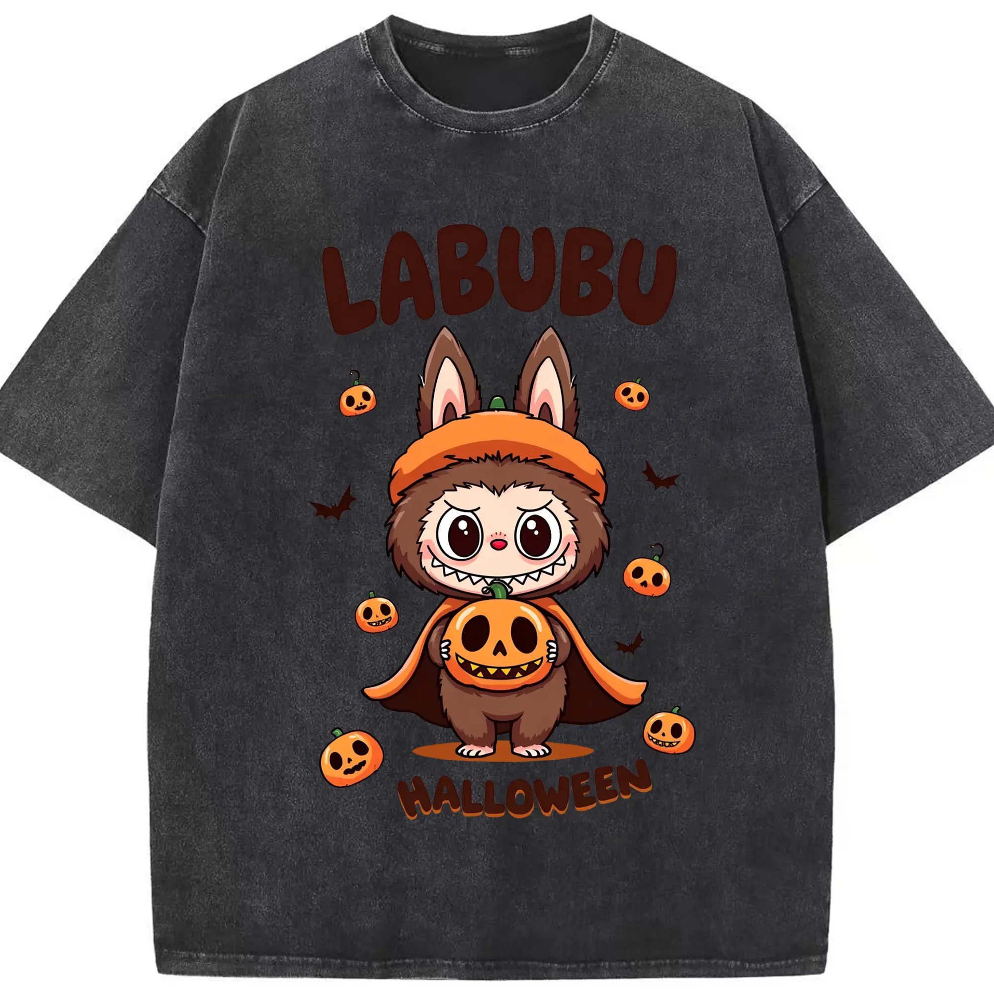 Labubu Halloween Cute Cartoon DIY - Washed Vintage Look 230g Cotton Oversized T-Shirt With Front Heat Transfer Print – Soft, Lightweight, Stylish Fit – Comfortable Casual Wear For Sports & Everyday Use