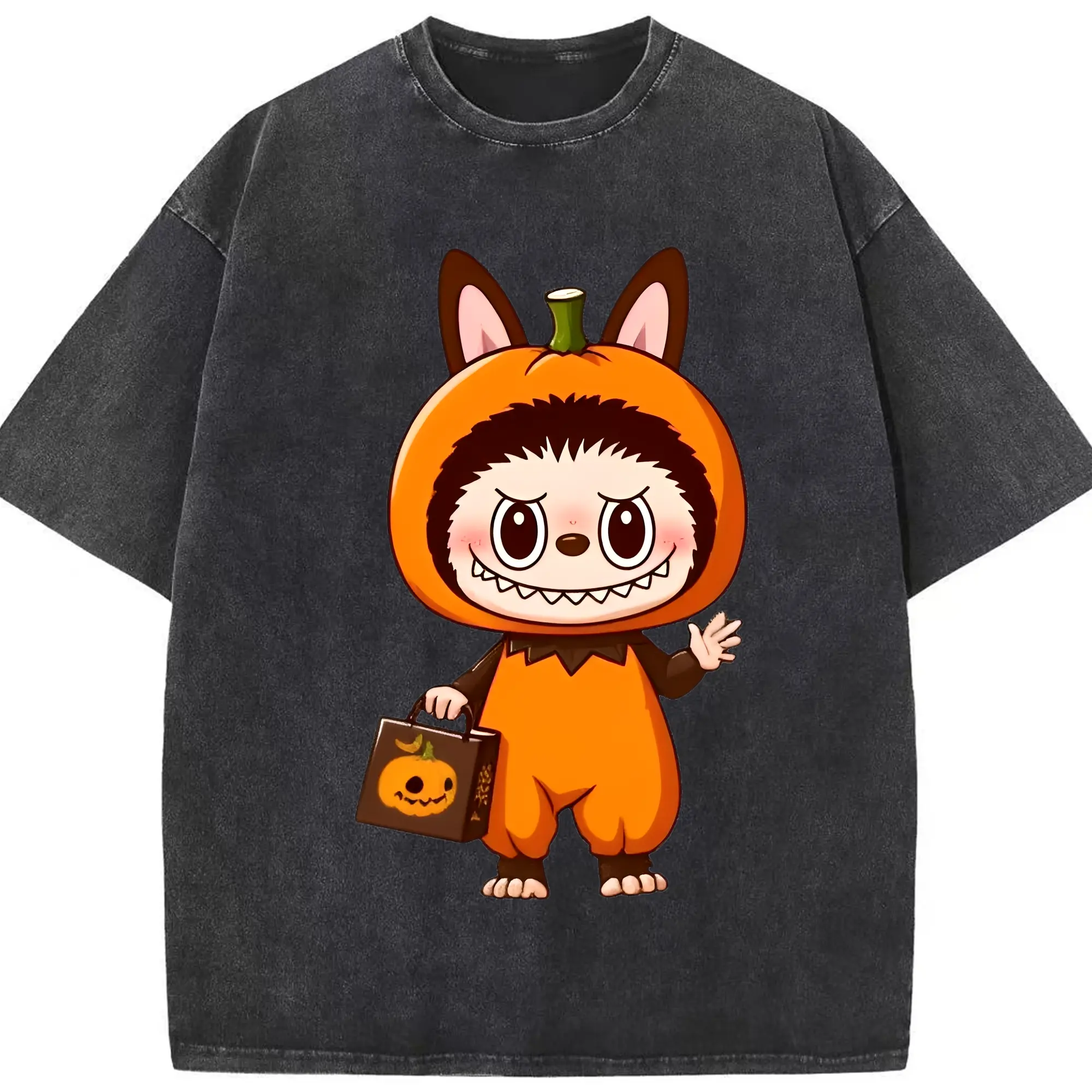 Labubu Cute Halloween Pumpkin Cartoon DIY - Washed Vintage Look 230g Cotton Oversized T-Shirt With Front Heat Transfer Print – Soft, Lightweight, Stylish Fit – Comfortable Casual Wear For Sports & Everyday Use