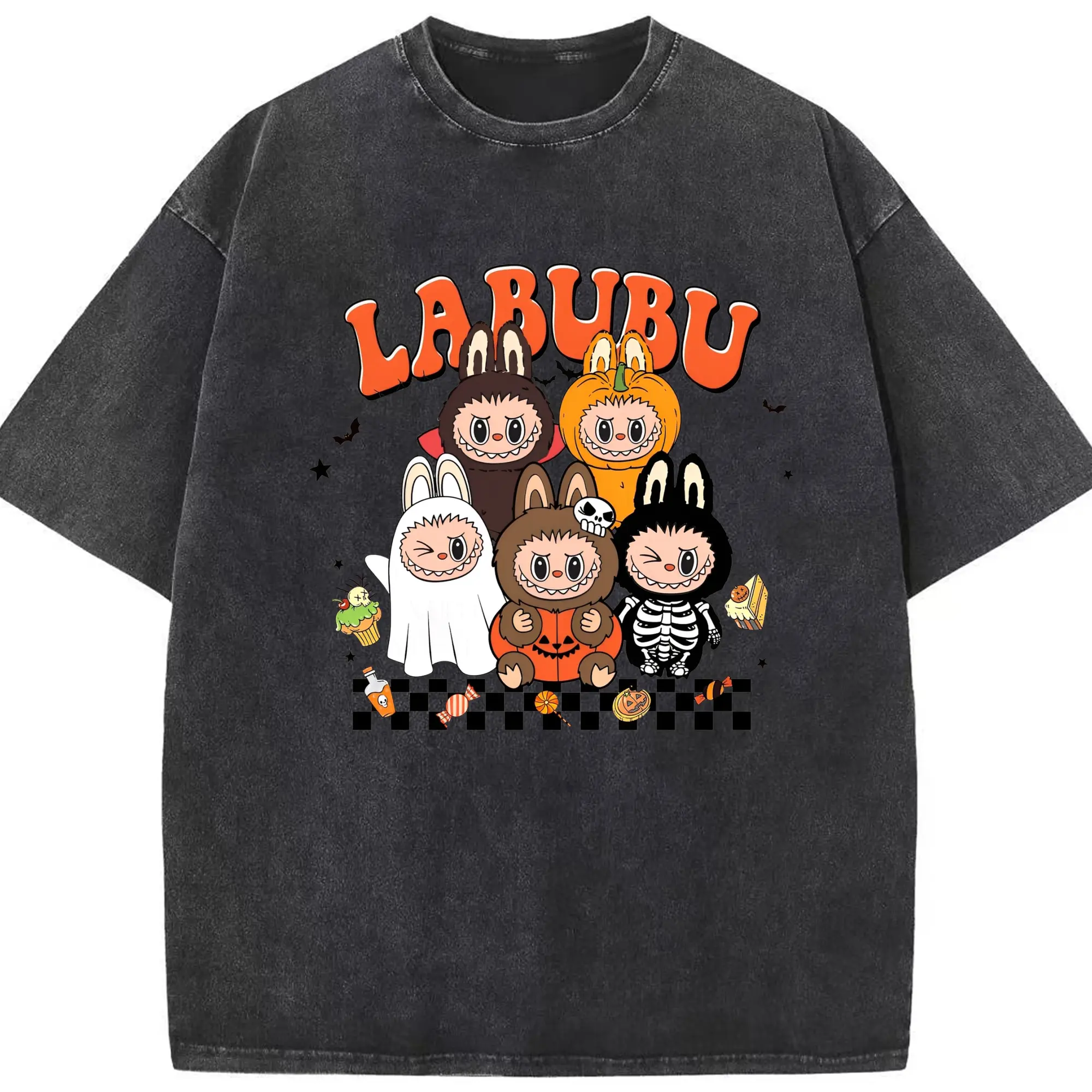 Labubu Halloween Cute Cartoon Group DIY - Washed Vintage Look 230g Cotton Oversized T-Shirt With Front Heat Transfer Print – Soft, Lightweight, Stylish Fit – Comfortable Casual Wear For Sports & Everyday Use