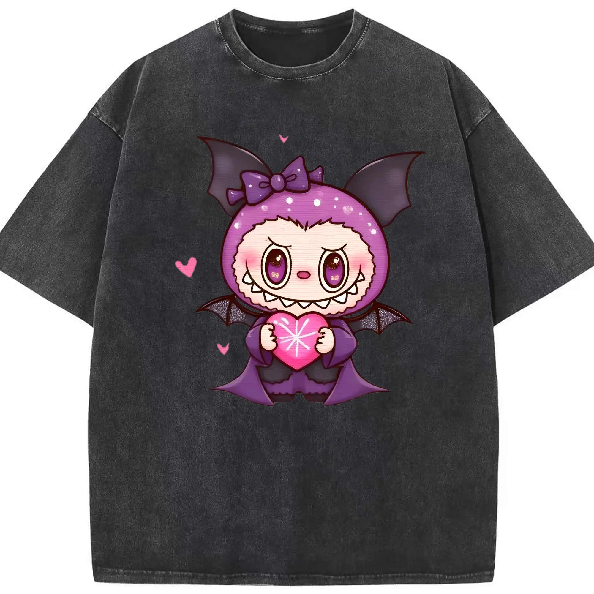 Labubu Cute Gothic Kawaii Cartoon DIY - Washed Vintage Look 230g Cotton Oversized T-Shirt With Front Heat Transfer Print – Soft, Lightweight, Stylish Fit – Comfortable Casual Wear For Sports & Everyday Use