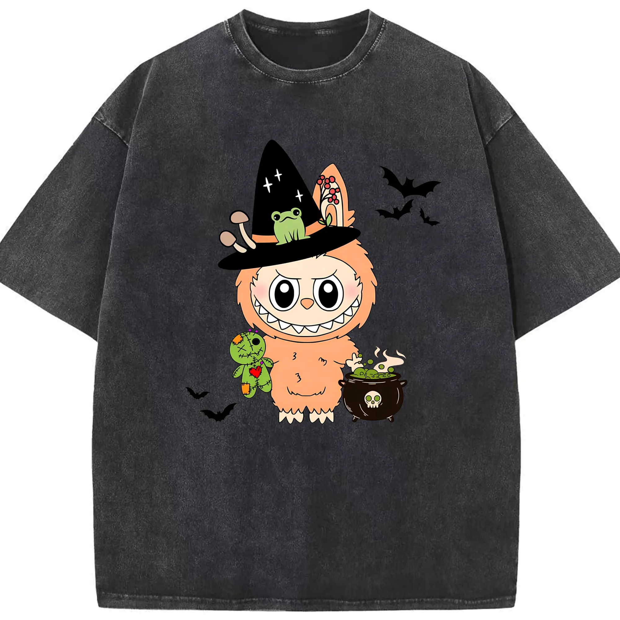 Labubu Halloween Cute Gothic Witch Cartoon DIY - Washed Vintage Look 230g Cotton Oversized T-Shirt With Front Heat Transfer Print – Soft, Lightweight, Stylish Fit – Comfortable Casual Wear For Sports & Everyday Use