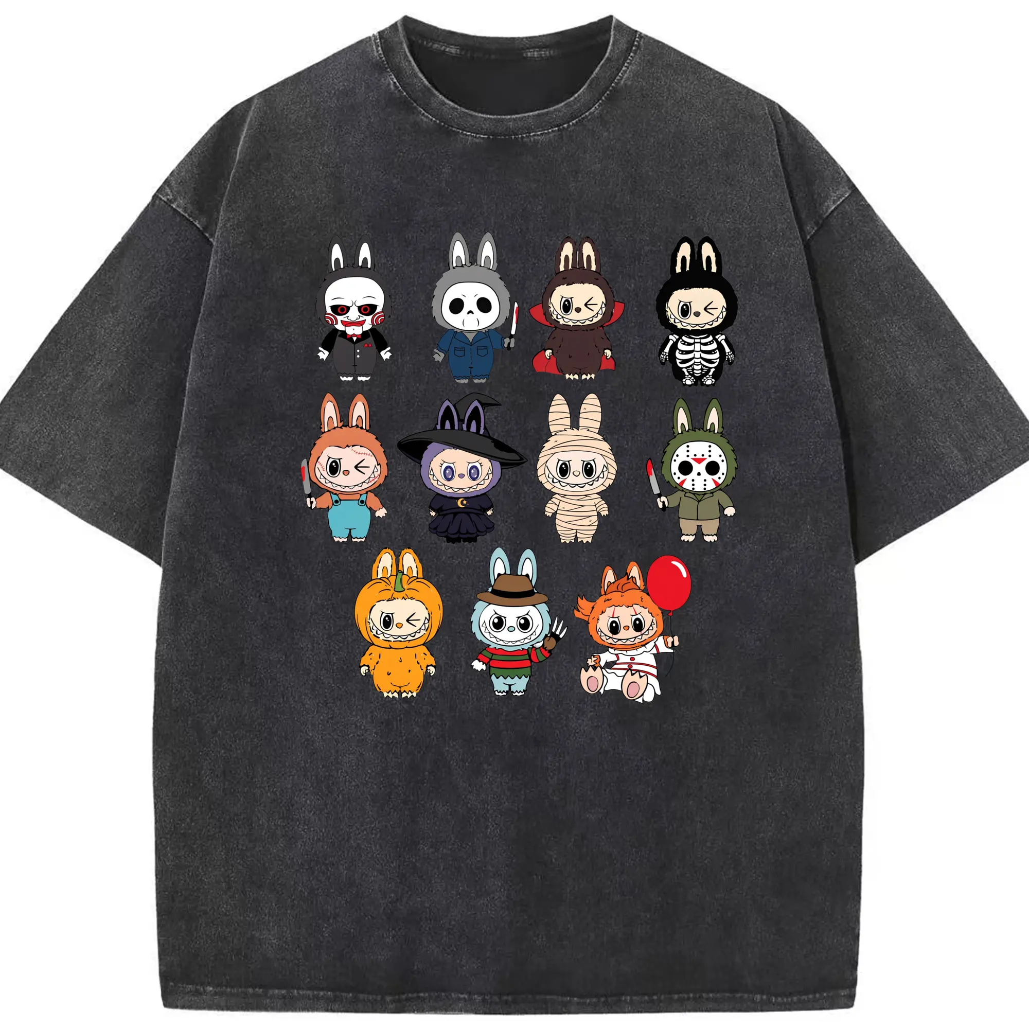 Labubu Cute Horror Movie Characters Collection DIY - Washed Vintage Look 230g Cotton Oversized T-Shirt With Front Heat Transfer Print – Soft, Lightweight, Stylish Fit – Comfortable Casual Wear For Sports & Everyday Use
