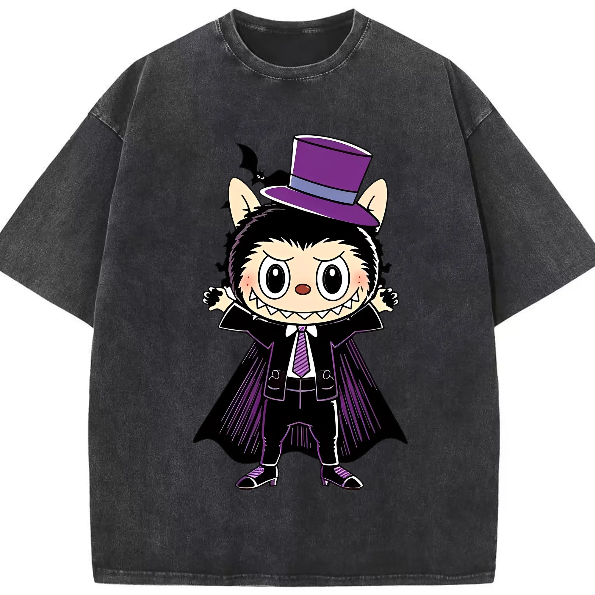 Labubu Cute Vampire Gentleman Cartoon DIY - Washed Vintage Look 230g Cotton Oversized T-Shirt With Front Heat Transfer Print – Soft, Lightweight, Stylish Fit – Comfortable Casual Wear For Sports & Everyday Use