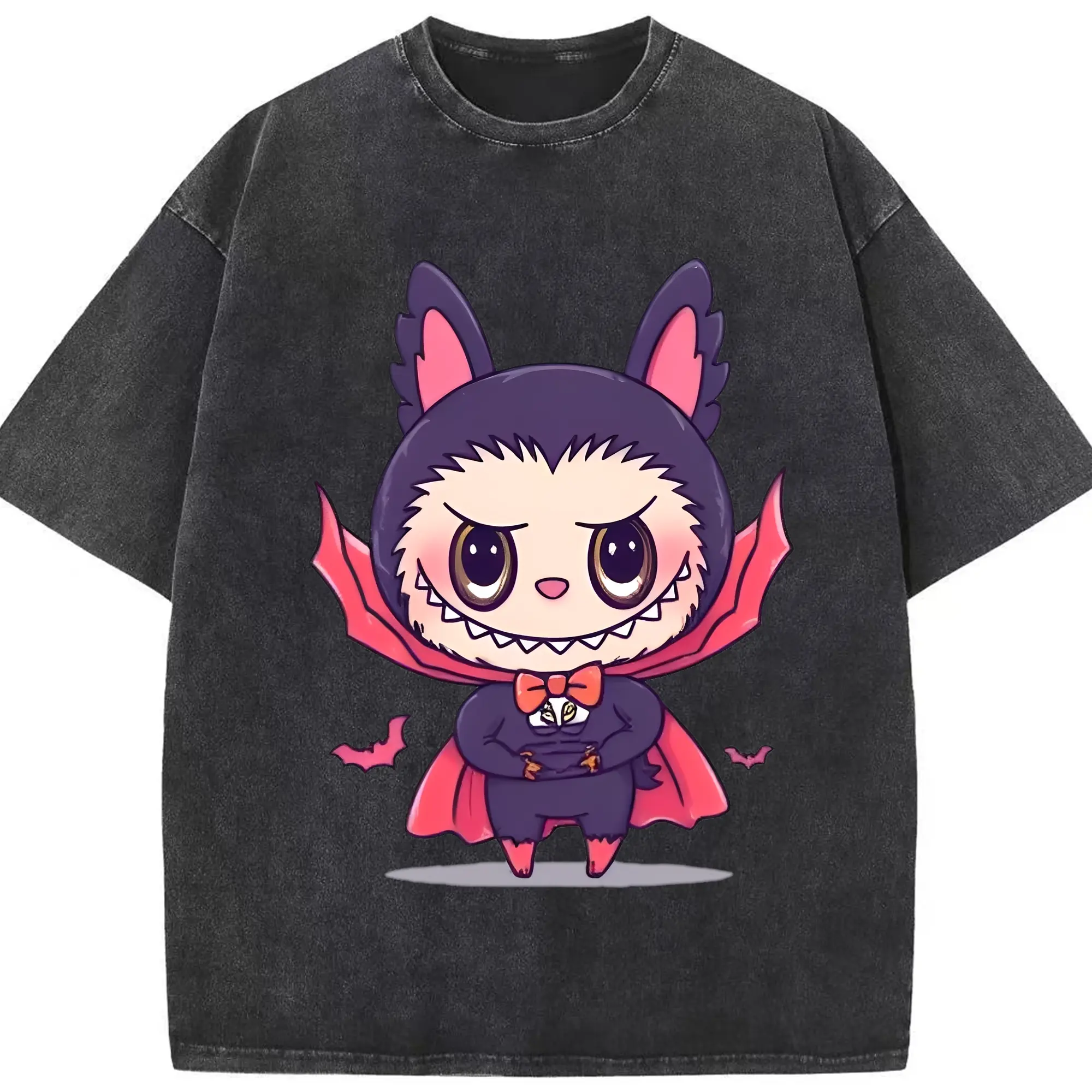 Labubu Cute Halloween Vampire Cartoon DIY - Washed Vintage Look 230g Cotton Oversized T-Shirt With Front Heat Transfer Print – Soft, Lightweight, Stylish Fit – Comfortable Casual Wear For Sports & Everyday Use