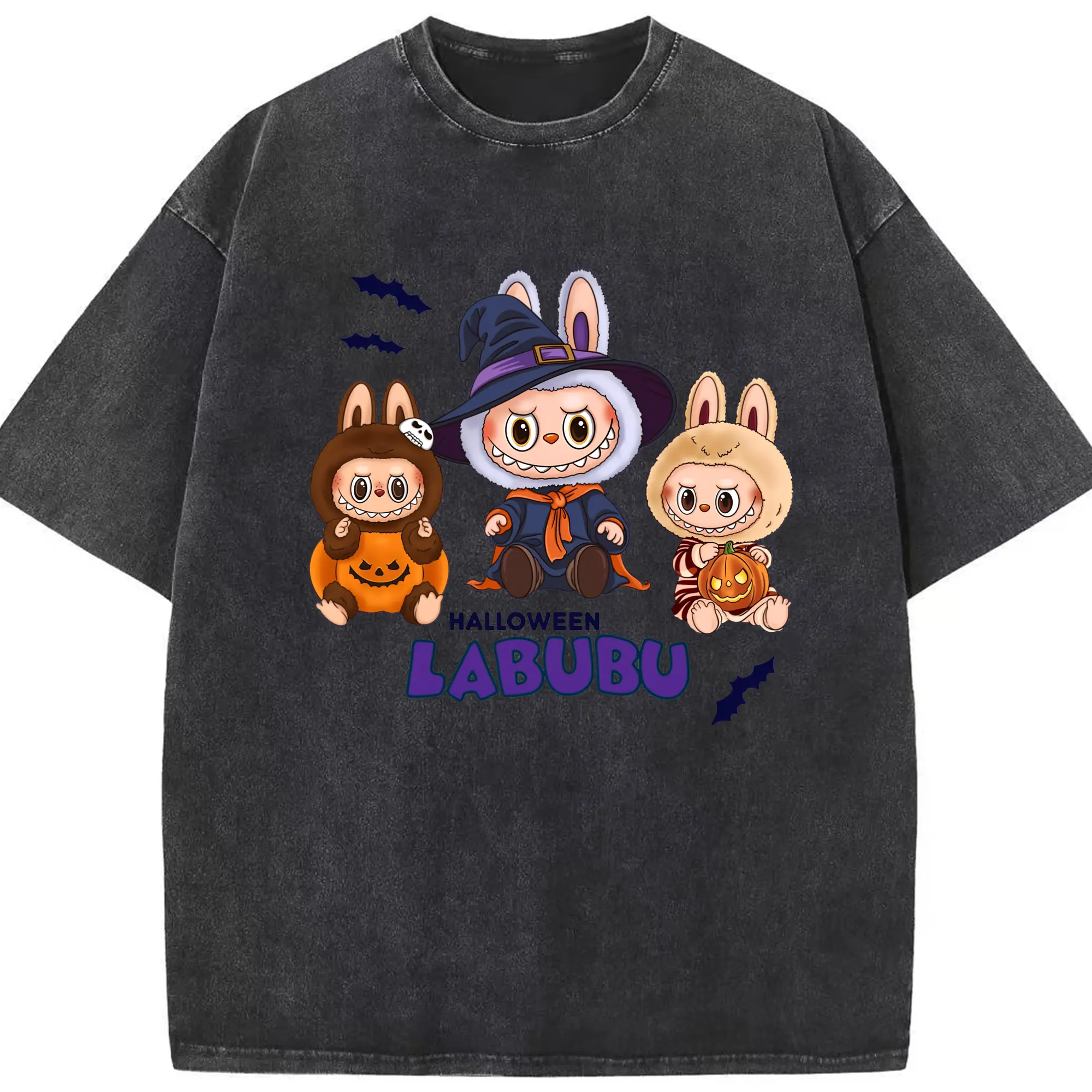 Labubu Halloween Character Collection Trendy DIY - Washed Vintage Look 230g Cotton Oversized T-Shirt With Front Heat Transfer Print – Soft, Lightweight, Stylish Fit – Comfortable Casual Wear For Sports & Everyday Use