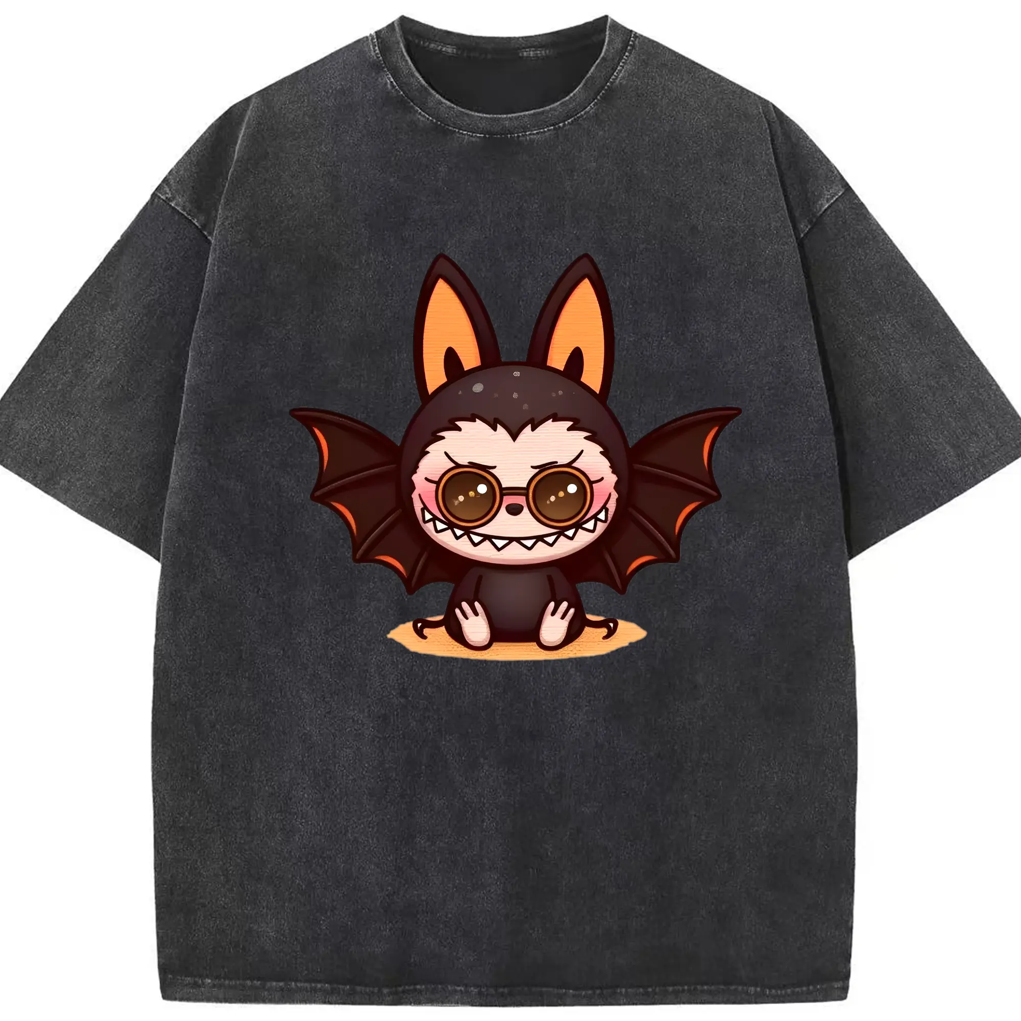 Labubu Kawaii Dark Bat Cartoon Trendy DIY - Washed Vintage Look 230g Cotton Oversized T-Shirt With Front Heat Transfer Print – Soft, Lightweight, Stylish Fit – Comfortable Casual Wear For Sports & Everyday Use