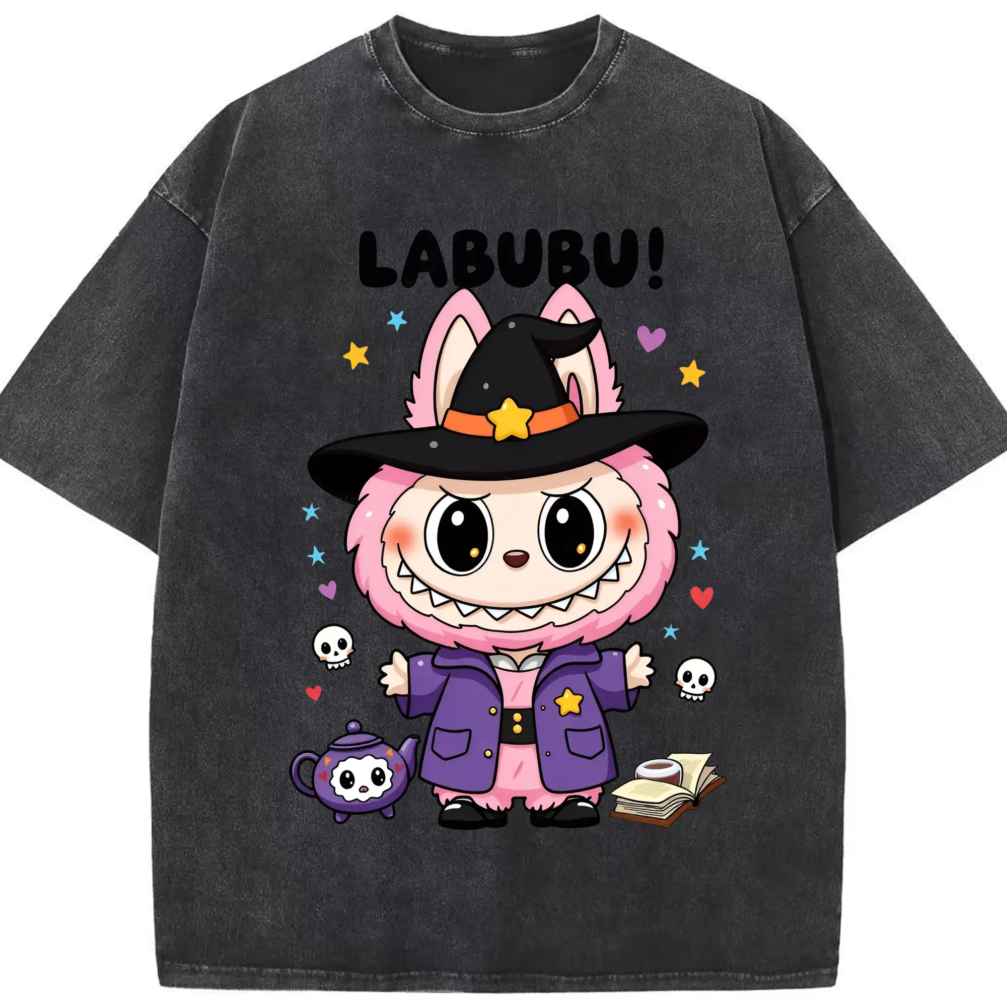 Labubu Cute Magical Witch Cartoon DIY - Washed Vintage Look 230g Cotton Oversized T-Shirt With Front Heat Transfer Print – Soft, Lightweight, Stylish Fit – Comfortable Casual Wear For Sports & Everyday Use