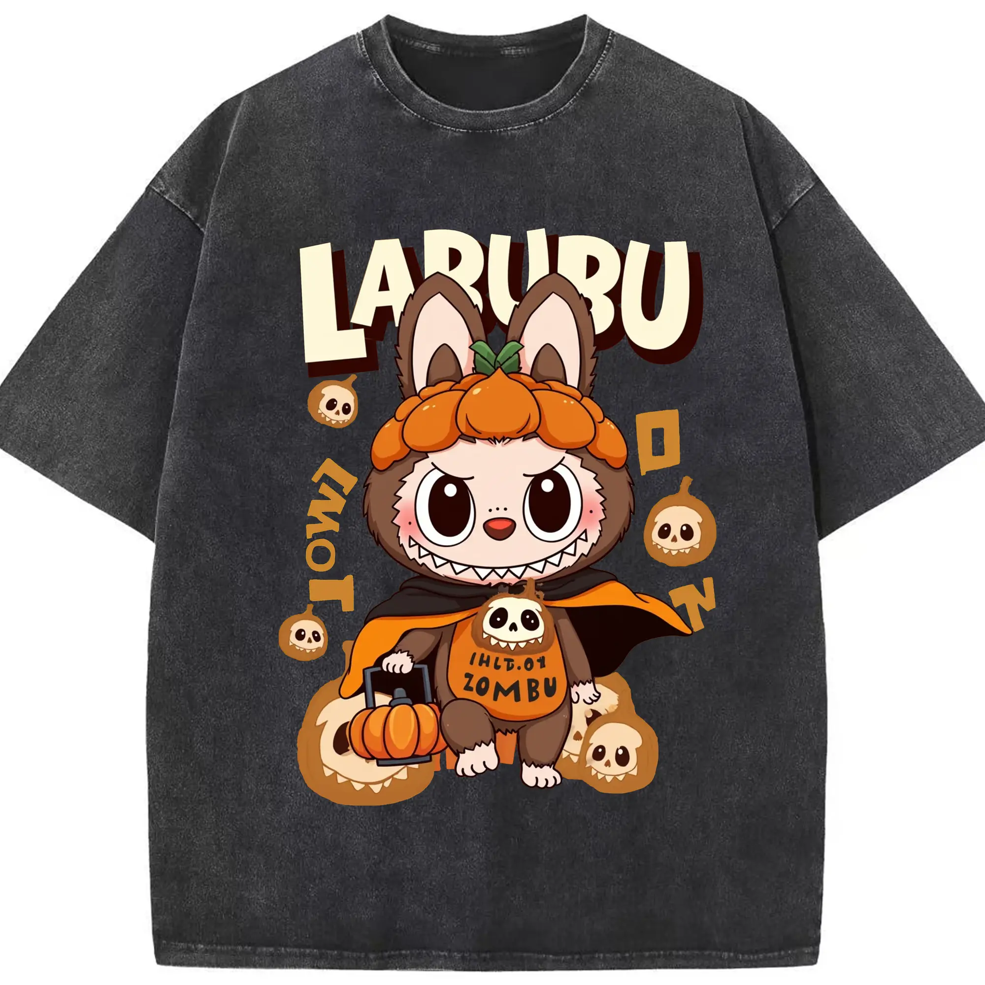 Labubu Halloween Cute Dark Cartoon DIY - Washed Vintage Look 230g Cotton Oversized T-Shirt With Front Heat Transfer Print – Soft, Lightweight, Stylish Fit – Comfortable Casual Wear For Sports & Everyday Use