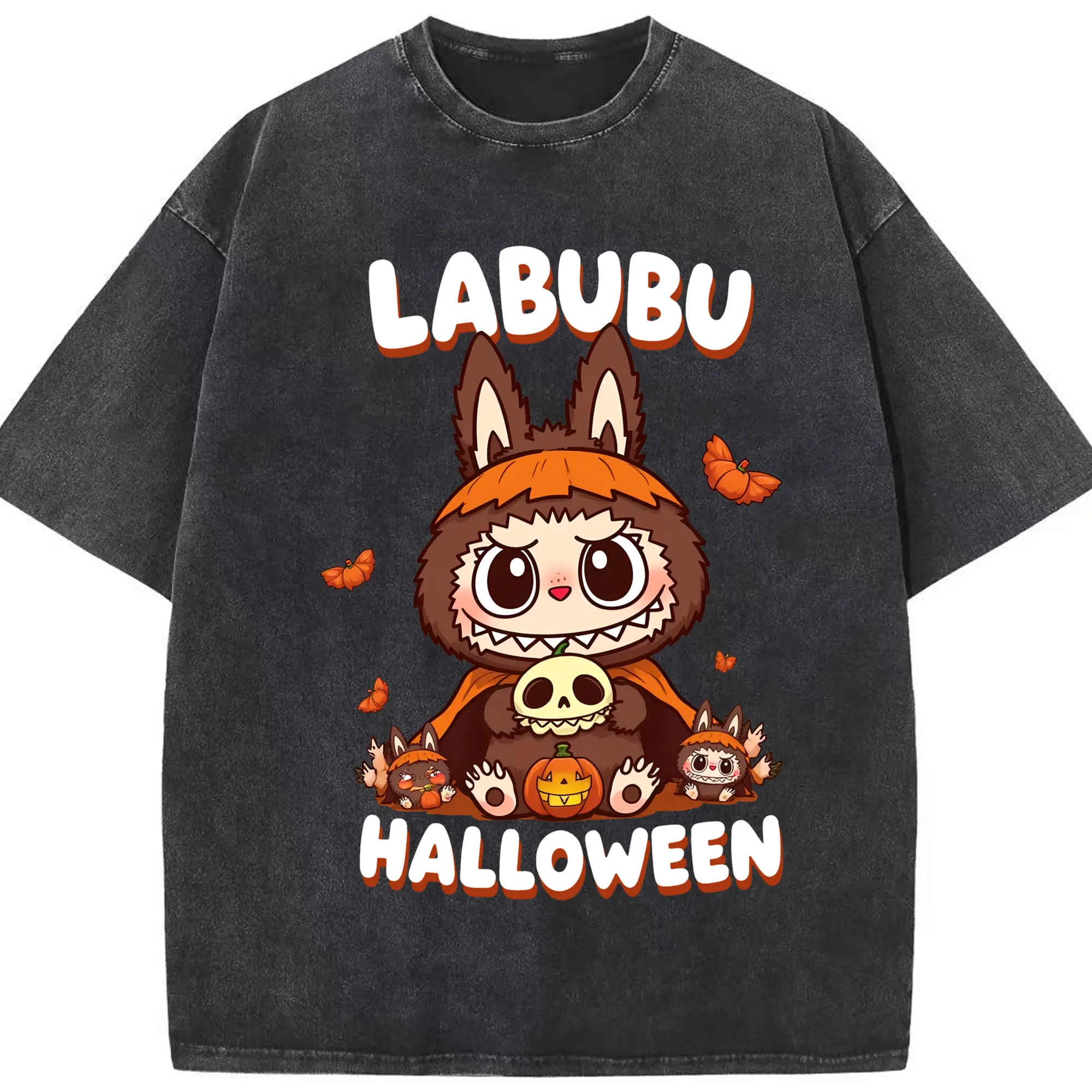 Labubu Cute Dark Pumpkin Trendy DIY - Washed Vintage Look 230g Cotton Oversized T-Shirt With Front Heat Transfer Print – Soft, Lightweight, Stylish Fit – Comfortable Casual Wear For Sports & Everyday Use