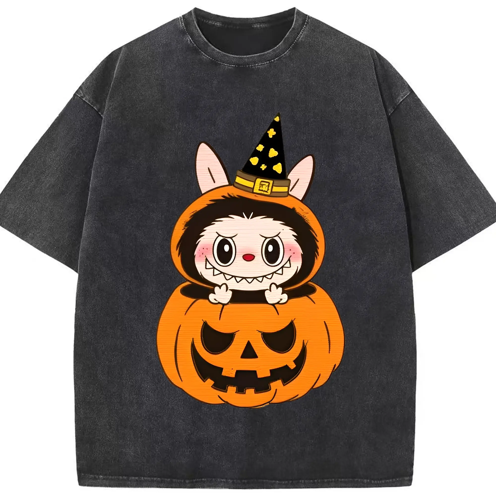 Labubu Halloween Cute Pumpkin Witch Cartoon DIY - Washed Vintage Look 230g Cotton Oversized T-Shirt With Front Heat Transfer Print – Soft, Lightweight, Stylish Fit – Comfortable Casual Wear For Sports & Everyday Use